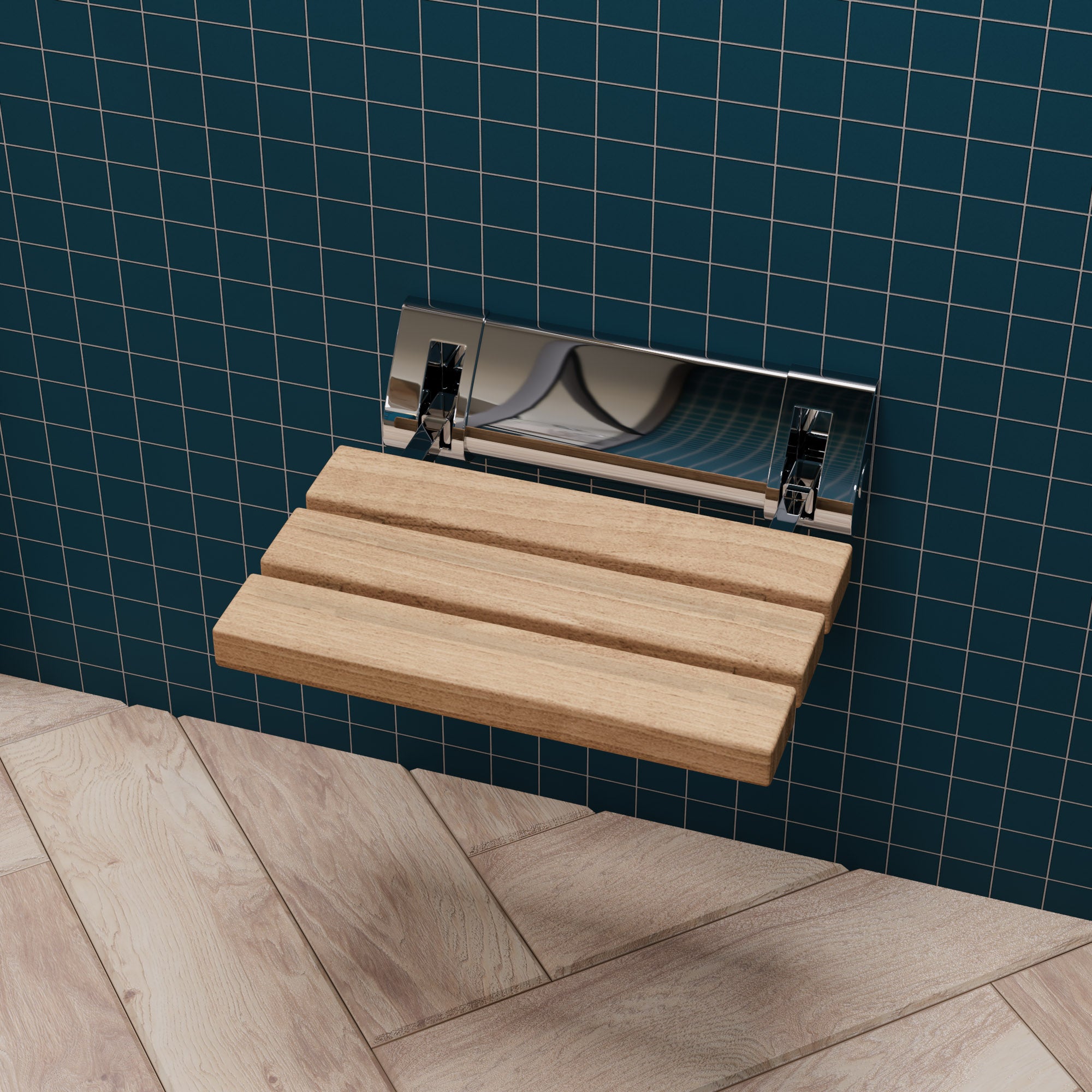Alternate Image for ALFI brand ABS14-PC Polished Chrome 14" Folding Teak Wood Shower Seat Bench, Natural Wood