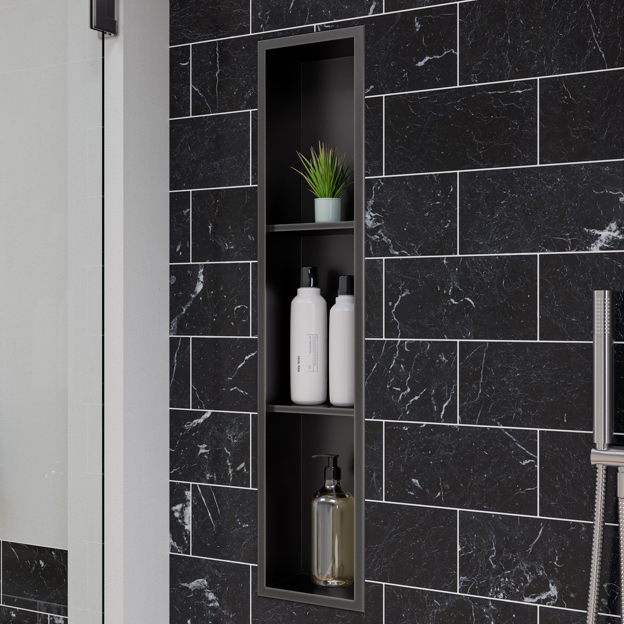 ALFI brand ABNP0836-BB 8" x 36" Brushed Black PVD Stainless Steel Vertical Triple Shelf Shower Niche, 20 Gauge