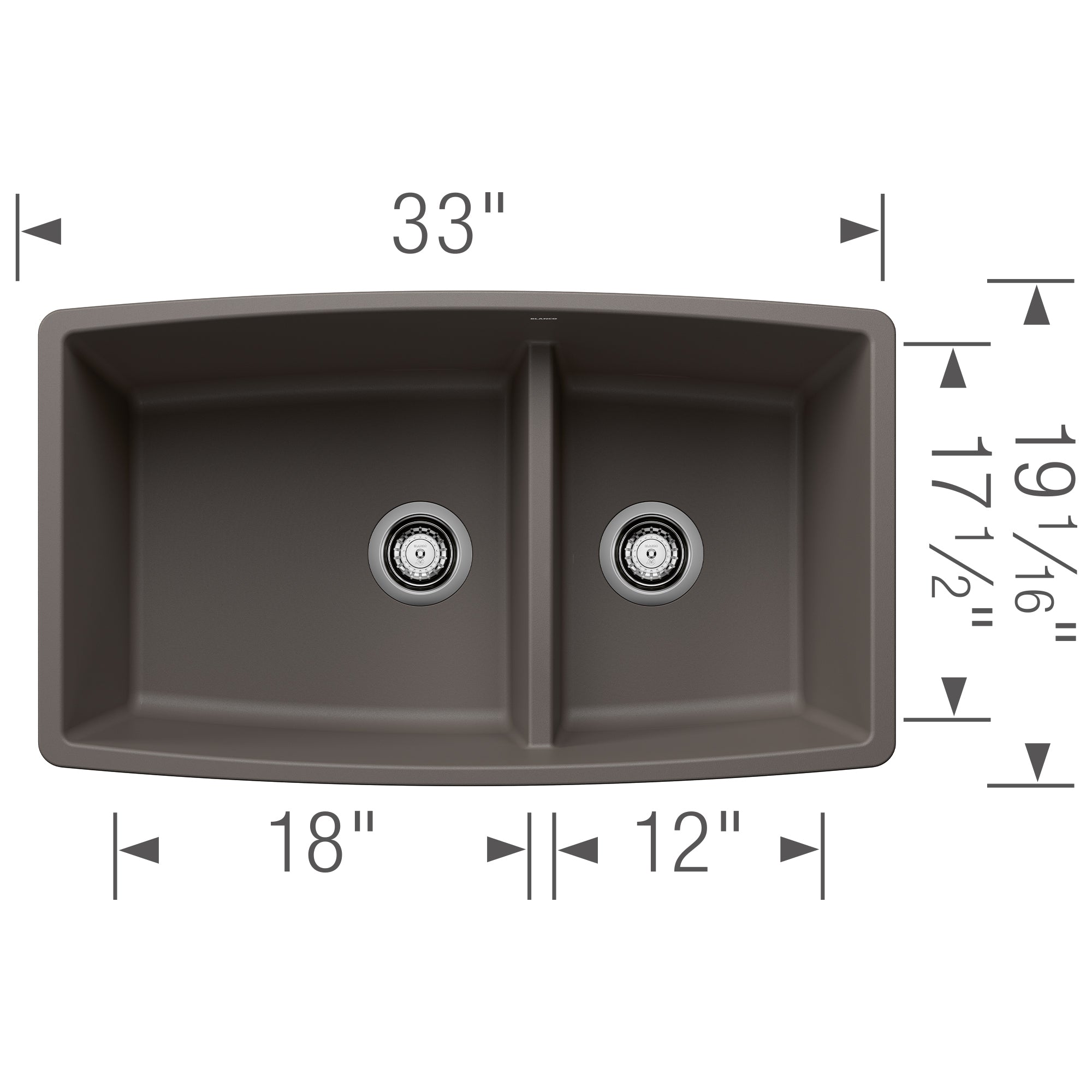 Blanco Performa 33" Undermount Silgranit Kitchen Sink, 60/40 Double Bowl, Volcano Gray, No Faucet Hole, 443125