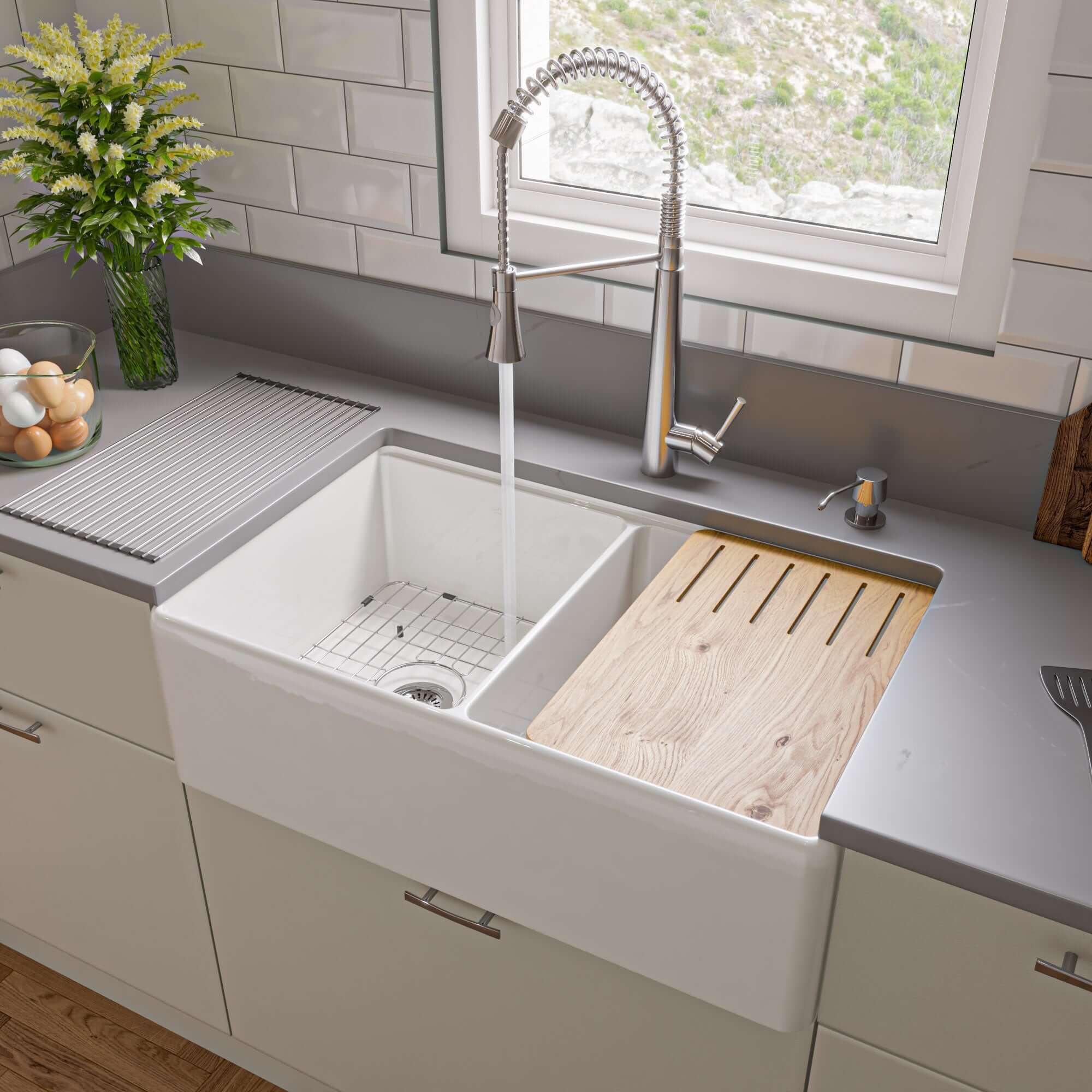 Alternate Image for ALFI brand 33" Fireclay Workstation Farmhouse Sink with Accessories, 50/50 Double Bowl, White, No Faucet Hole, ABFS3320D-W
