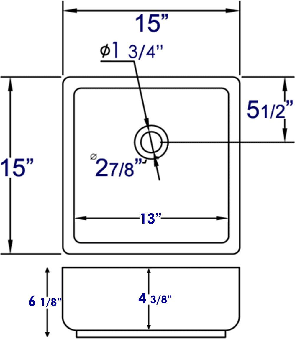 Eago 15" x 15" Square Above Mount Porcelain Bathroom Sink, White, No Faucet Hole, BA130