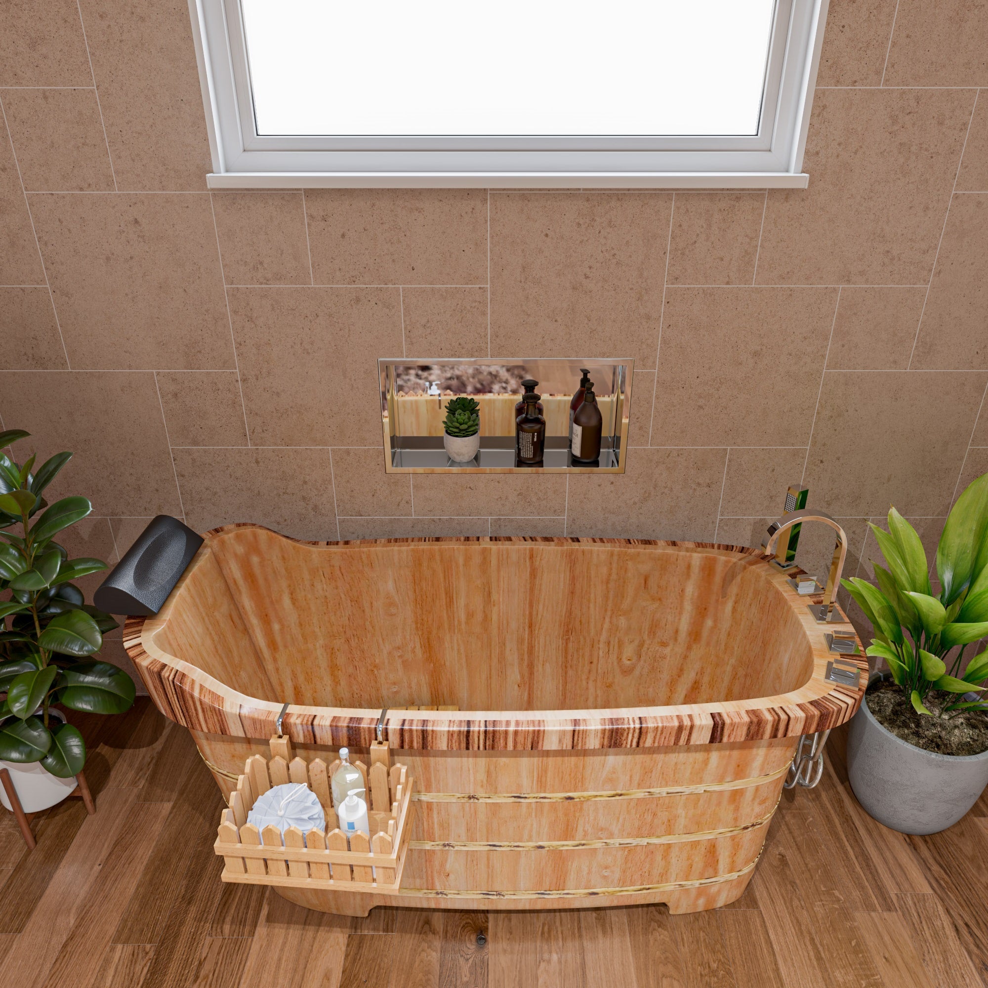 Main Image of ALFI brand 59" Rubber Wood Free Standing Rectangle Bathtub with Chrome Tub Filler, Natural Wood, AB1148