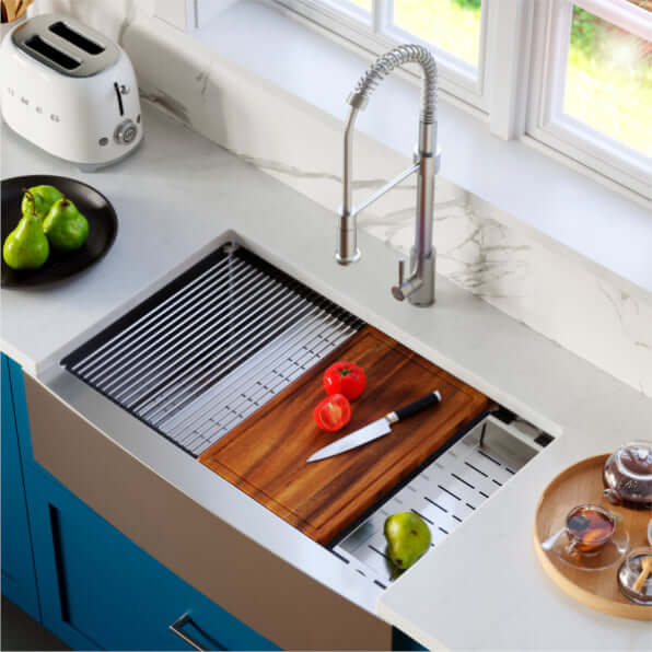 Alternate Image for Karran 33" Stainless Steel Workstation Farmhouse Sink with Faucet and Accessories, 16 Gauge, WS-45-PK2