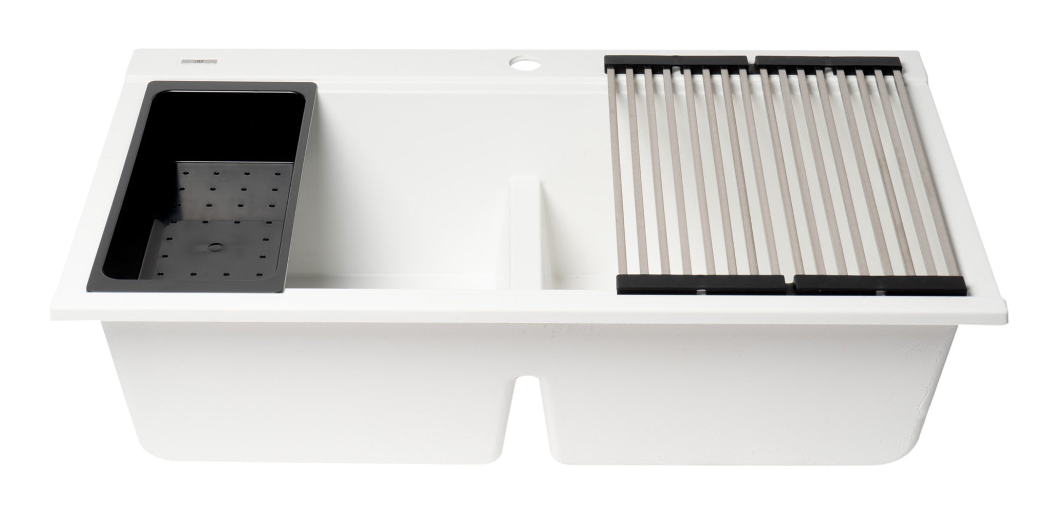 Alternate Image for ALFI 34" Drop In Granite Composite Workstation Kitchen Sink with Accessories, 50/50 Double Bowl, White, 1 Faucet Hole, AB3418DBDI-W