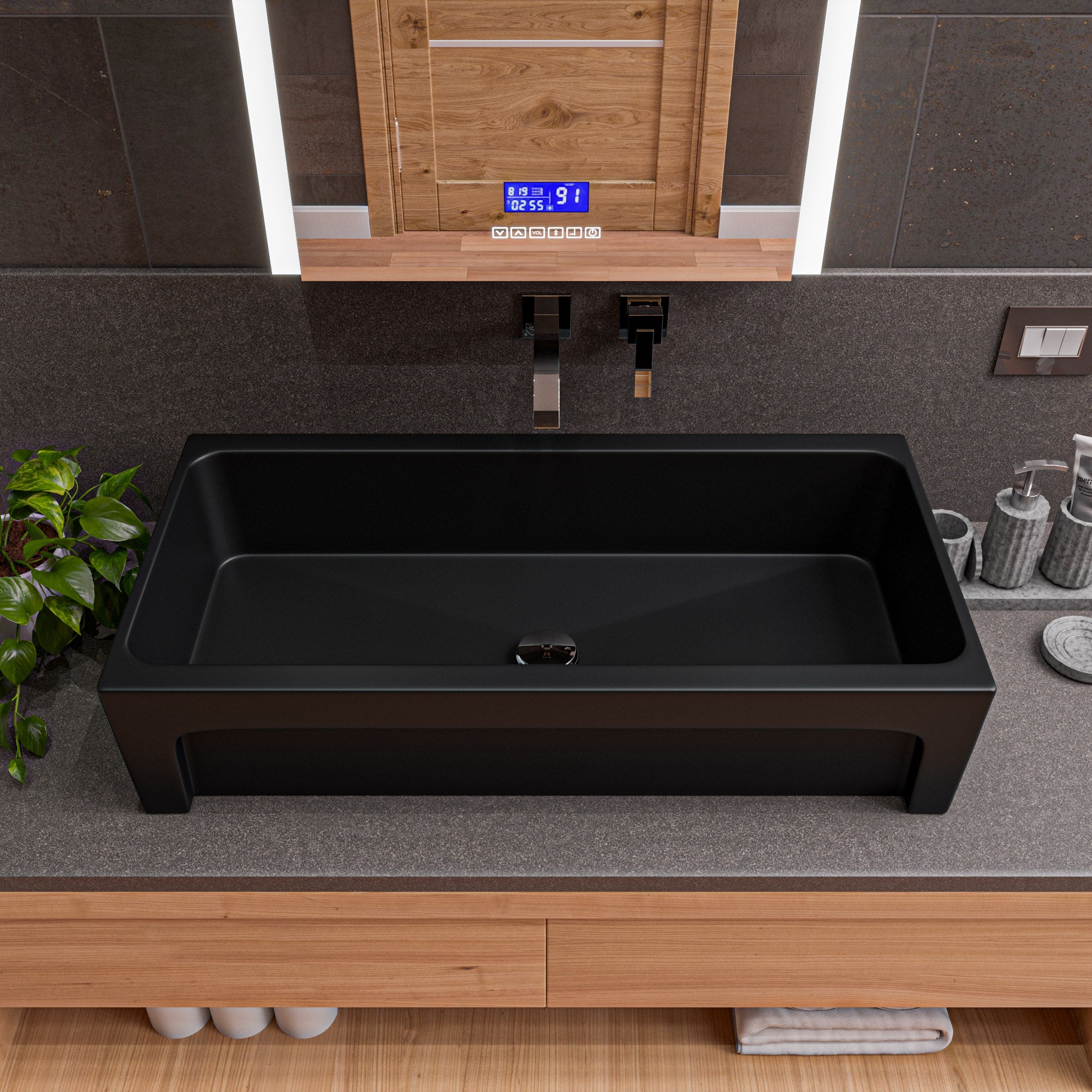 Alternate Image for ALFI brand 35.5" x 17.75" Rectangle Above Mount or Semi Recessed Fireclay Bathroom Sink, Black Matte, No Faucet Hole, AB36TRBM
