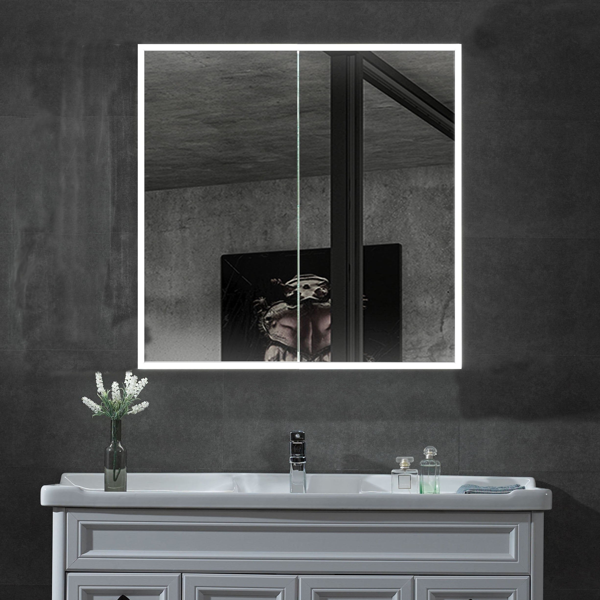 ALFI brand ABMC3630 36" x 30" Double Door LED Light Medicine Cabinet, Aluminum, Gray