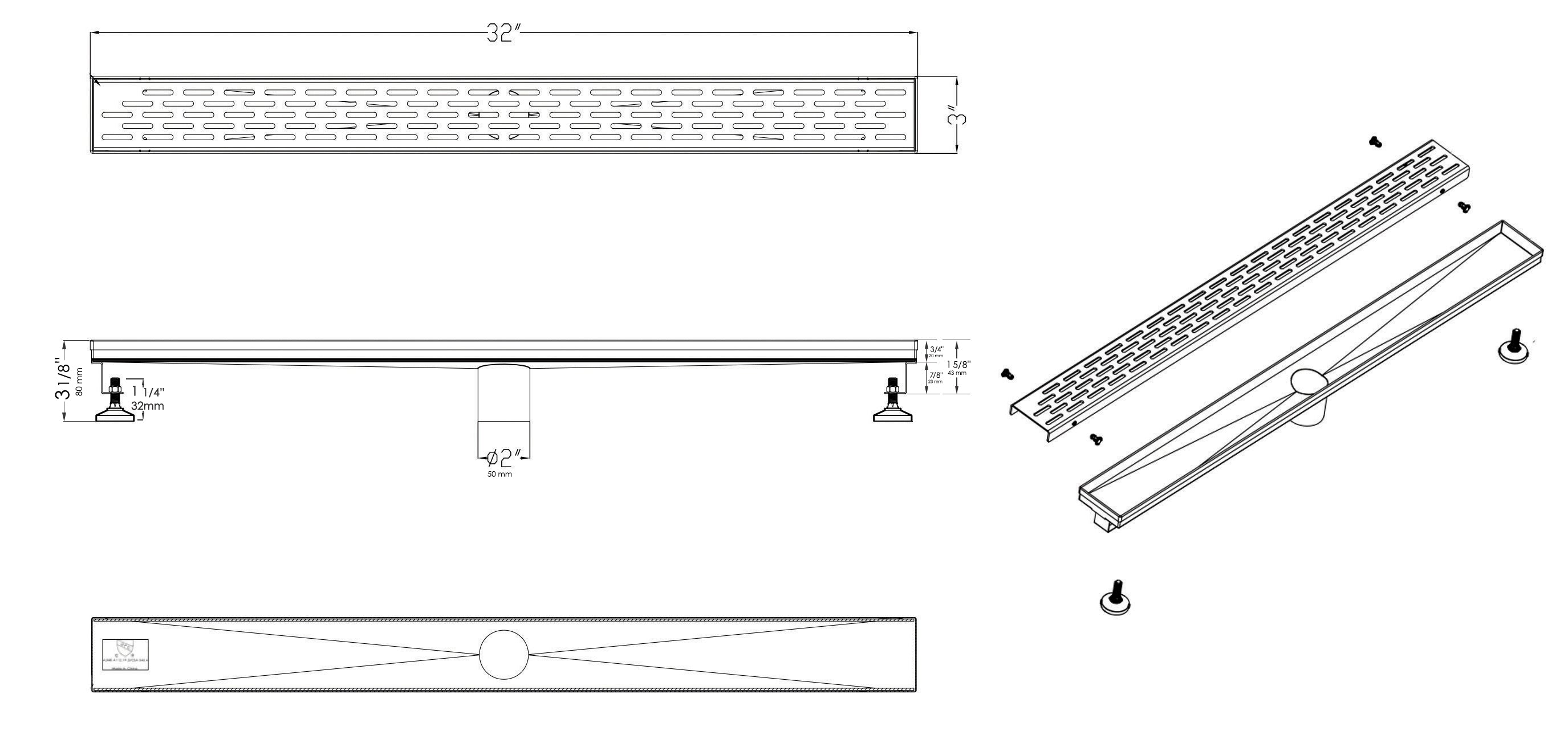 ALFI brand ABLD32C 32" Modern Stainless Steel Linear Shower Drain with Groove Holes, ABLD32C-BSS