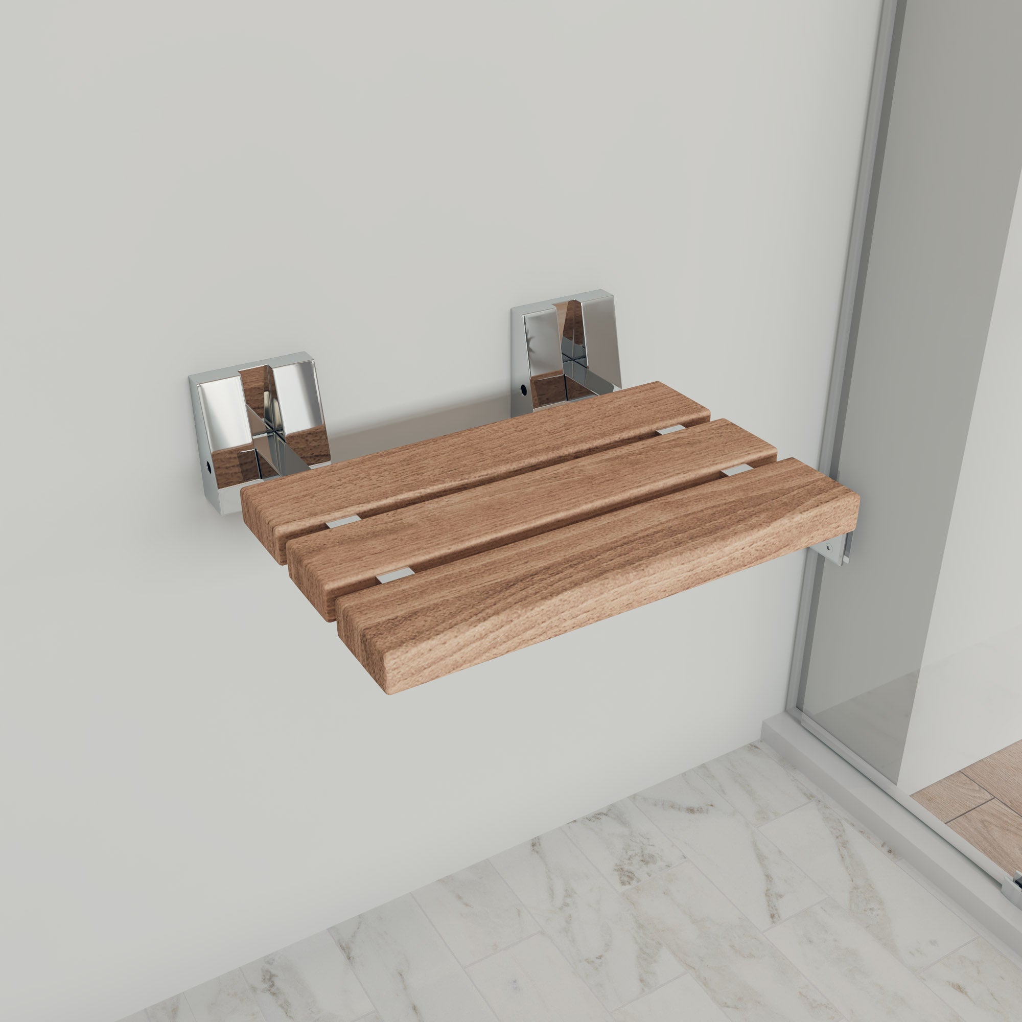 ALFI brand ABS16S-PC Polished Chrome 16" Folding Teak Wood Shower Seat Bench, Natural Wood