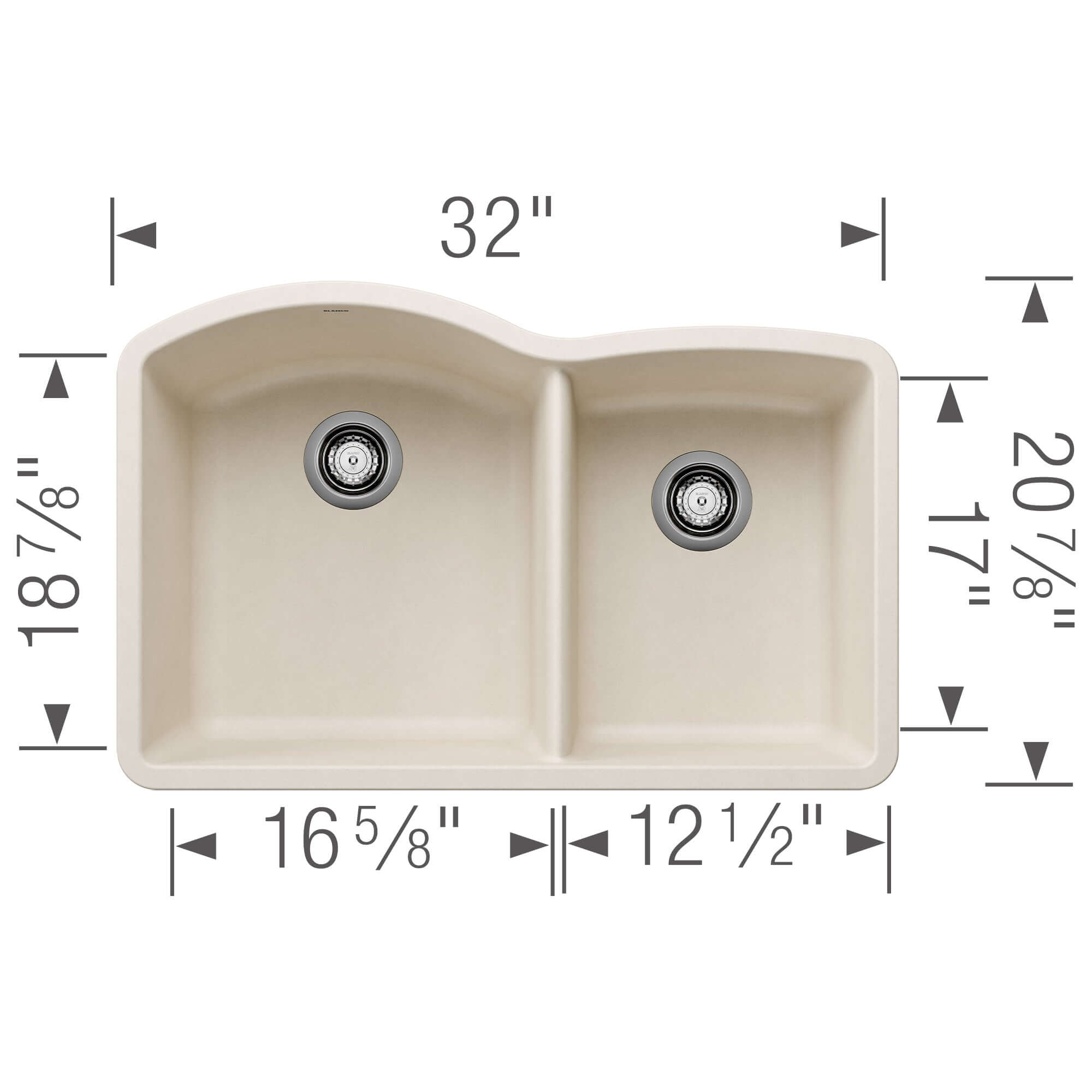 Alternate Image for Blanco Diamond 32" Undermount Silgranit Kitchen Sink, 60/40 Double Bowl, Soft White, No Faucet Hole, 443064