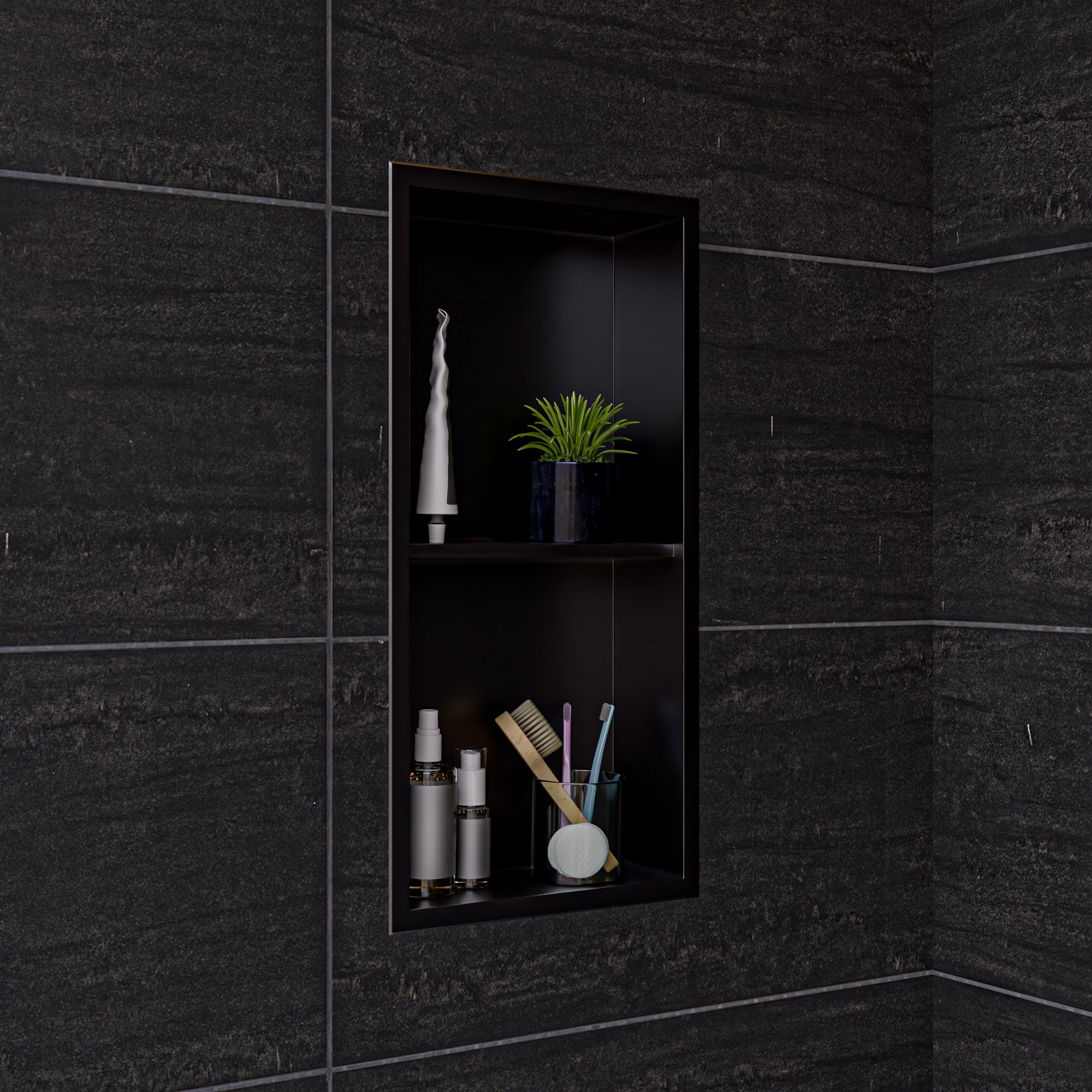 ALFI brand ABNP1224-BB 12" x 24" Brushed Black PVD Stainless Steel Vertical Double Shelf Shower Niche, 20 Gauge