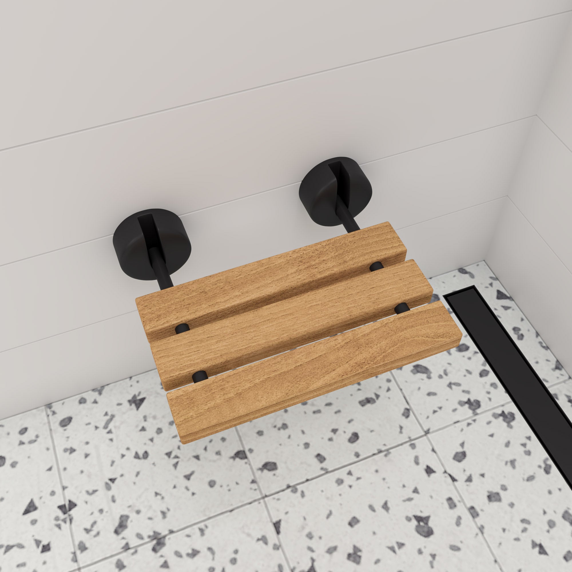 ALFI brand ABS16R-BM Black Matte 16" Wide Foldable Teak Shower Seat with Round Hardware, Teak Wood, Natural Wood