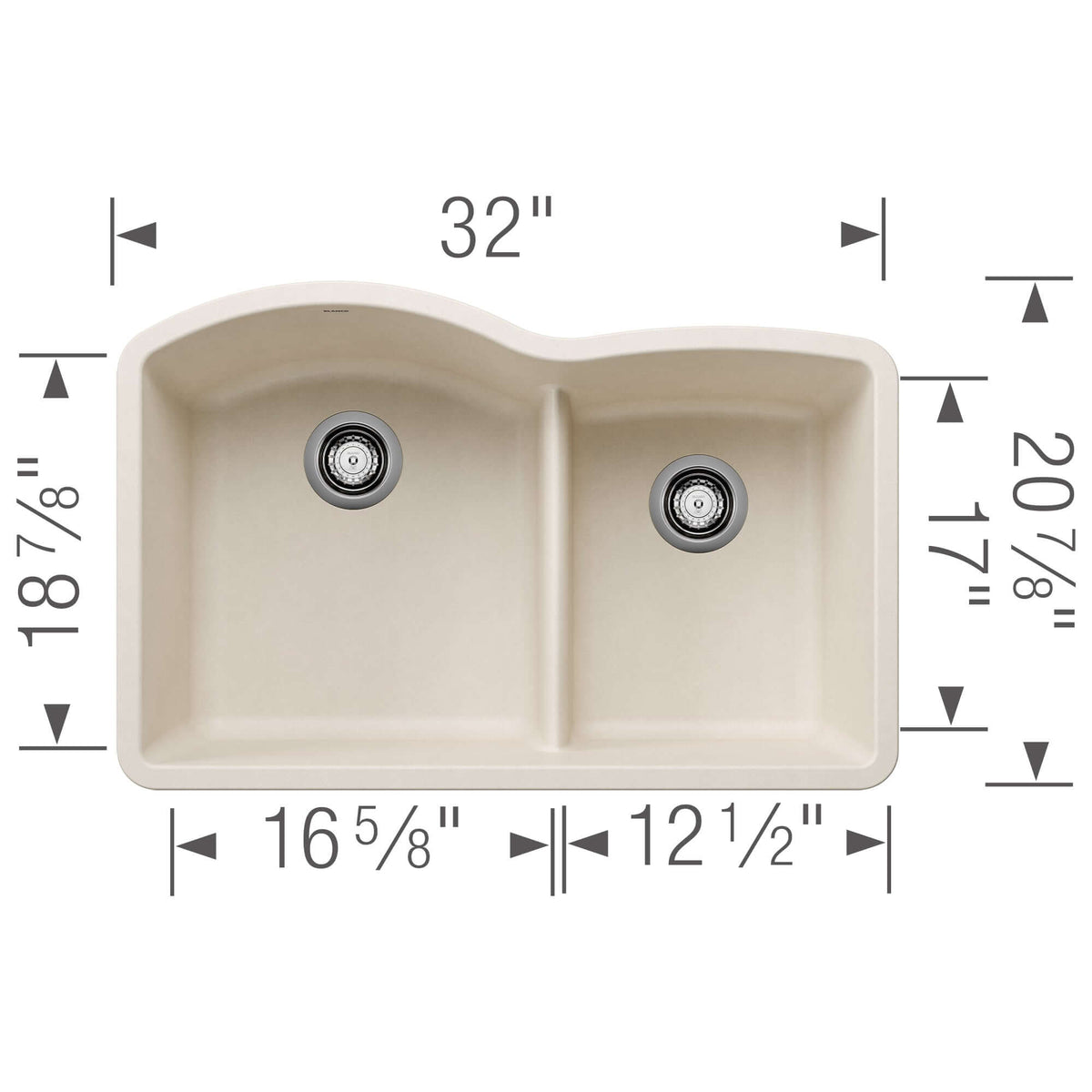Alternate Image for Blanco Diamond 32" Undermount Silgranit Kitchen Sink, 60/40 Double Bowl, Soft White, No Faucet Hole, 443065
