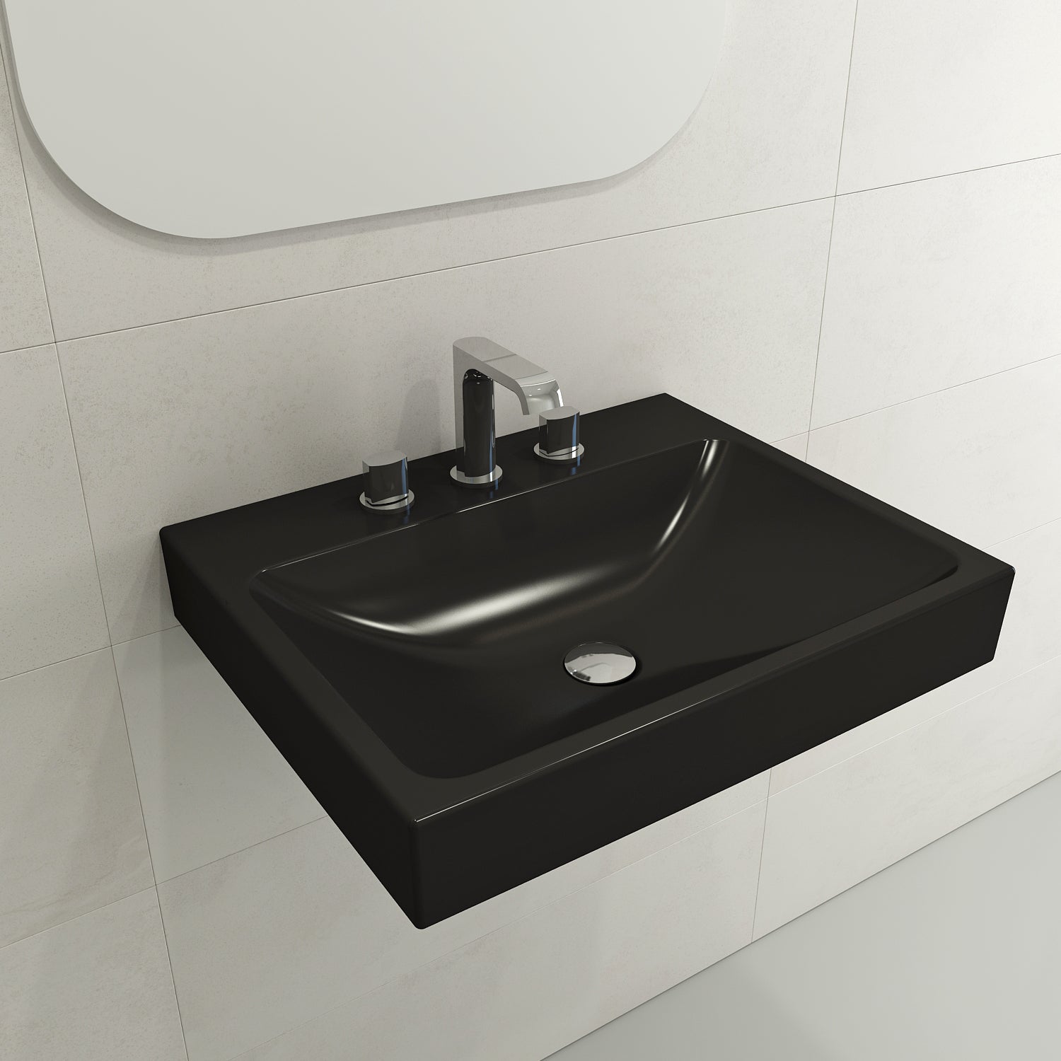 BOCCHI Scala 24" Rectangle Wallmount Fireclay Bathroom Sink, Matte Black, 3 Faucet Hole, 1077-004-0127