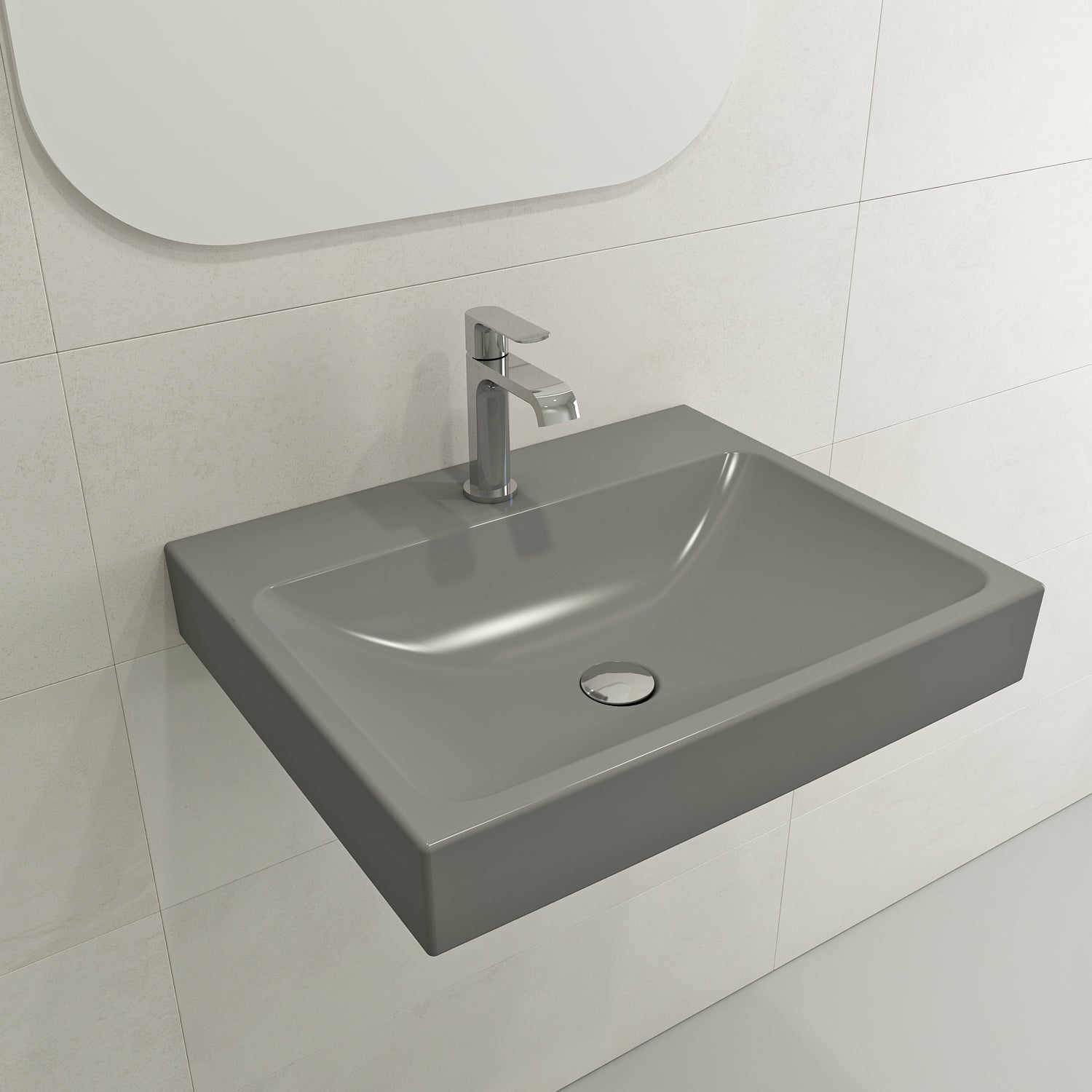 BOCCHI Scala 24" Rectangle Wallmount Fireclay Bathroom Sink, Matte Gray, Single Faucet Hole, 1077-006-0126