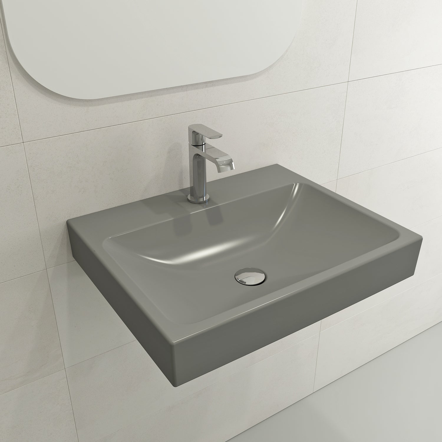 BOCCHI Scala 24" Rectangle Wallmount Fireclay Bathroom Sink, Matte Gray, Single Faucet Hole, 1077-006-0126