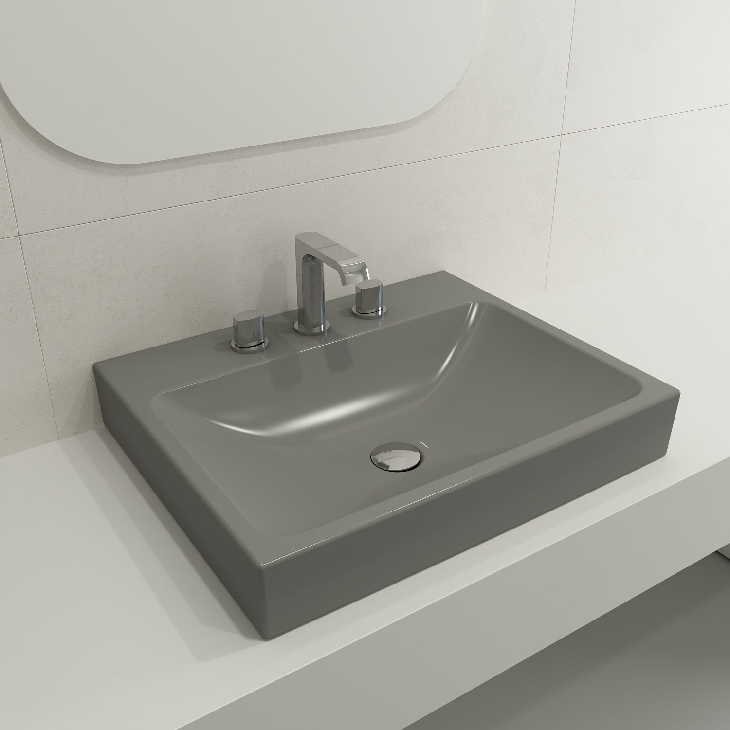 Alternate Image for BOCCHI Scala 24" Rectangle Wallmount Fireclay Bathroom Sink, Matte Gray, 3 Faucet Hole, 1077-006-0127