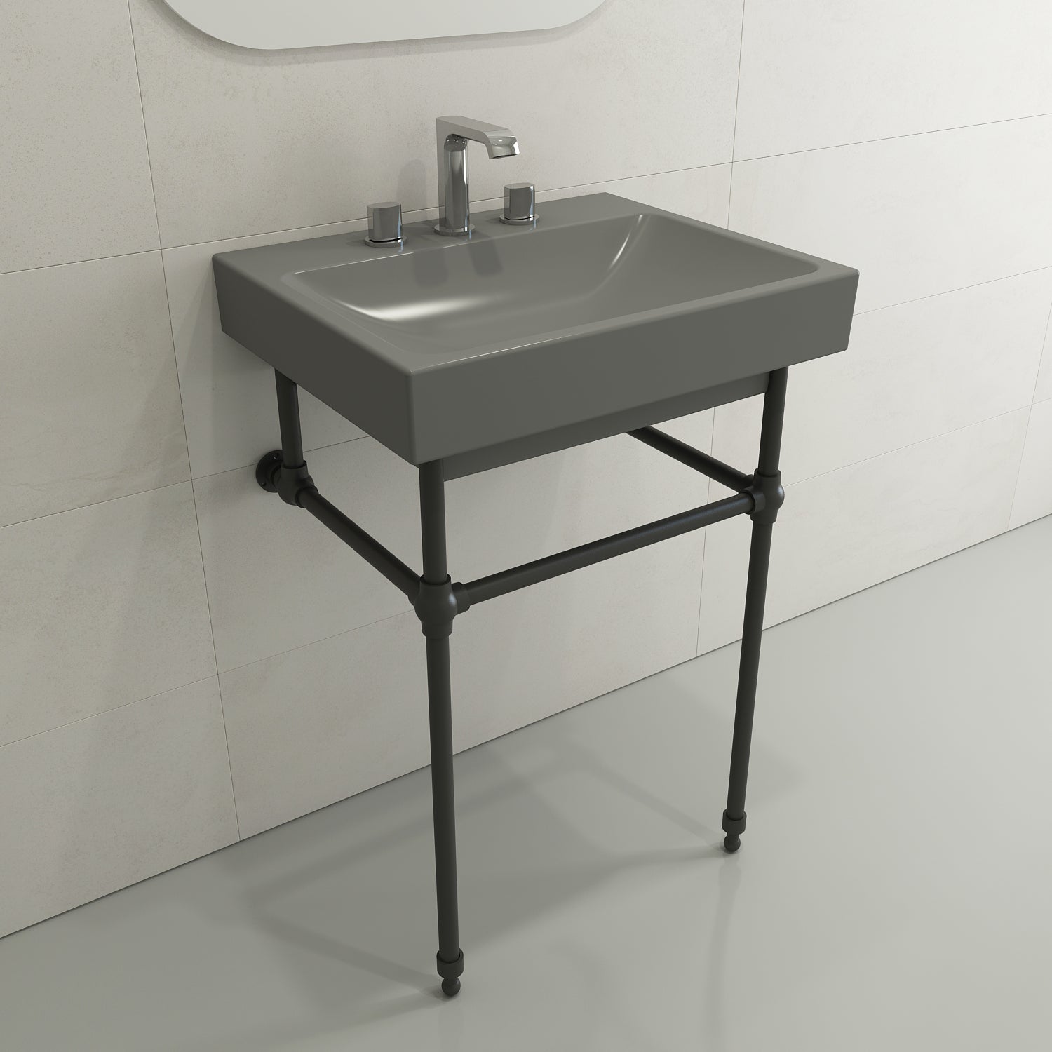 Alternate Image for BOCCHI Scala 24" Rectangle Wallmount Fireclay Bathroom Sink, Matte Gray, 3 Faucet Hole, 1077-006-0127