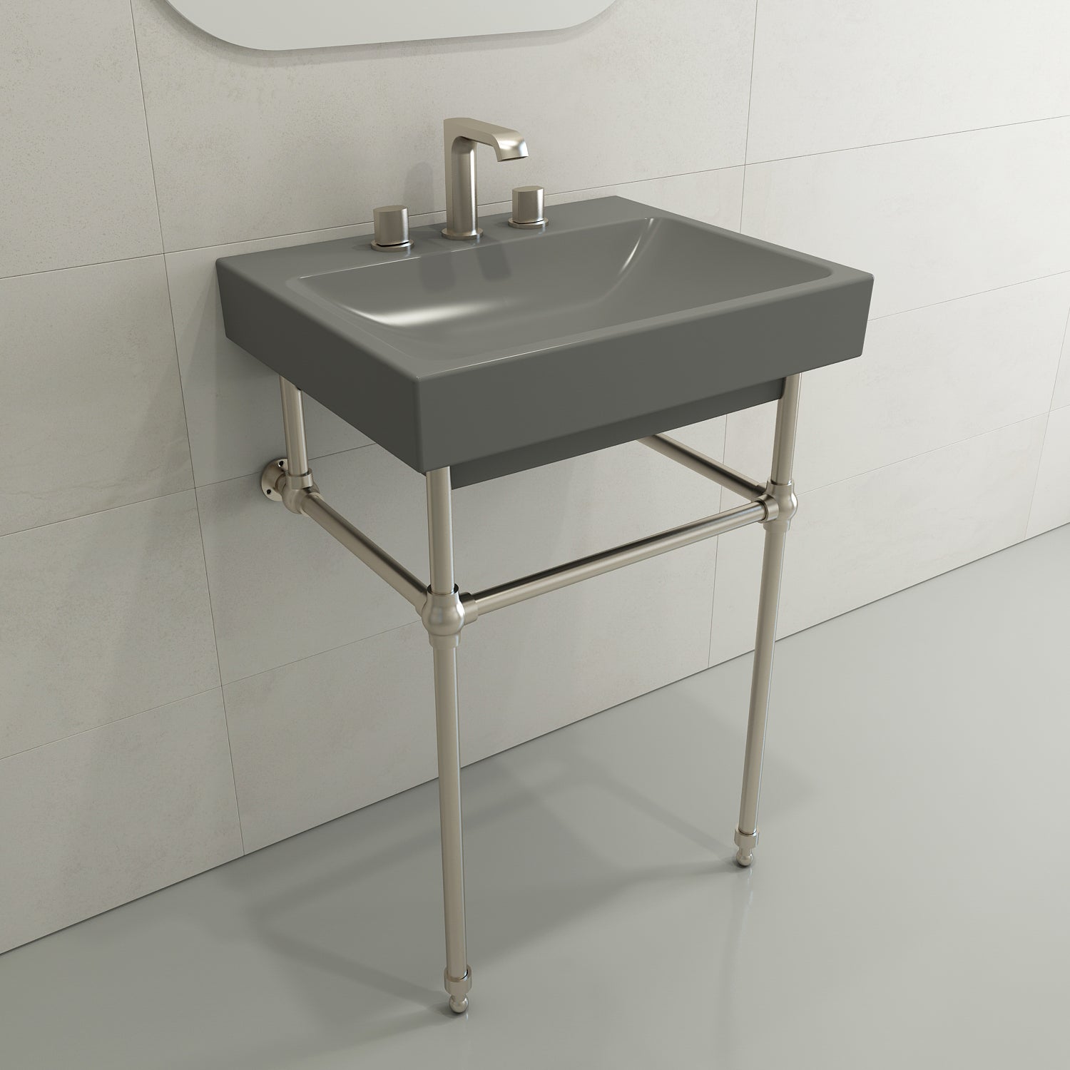 Alternate Image for BOCCHI Scala 24" Rectangle Wallmount Fireclay Bathroom Sink, Matte Gray, 3 Faucet Hole, 1077-006-0127