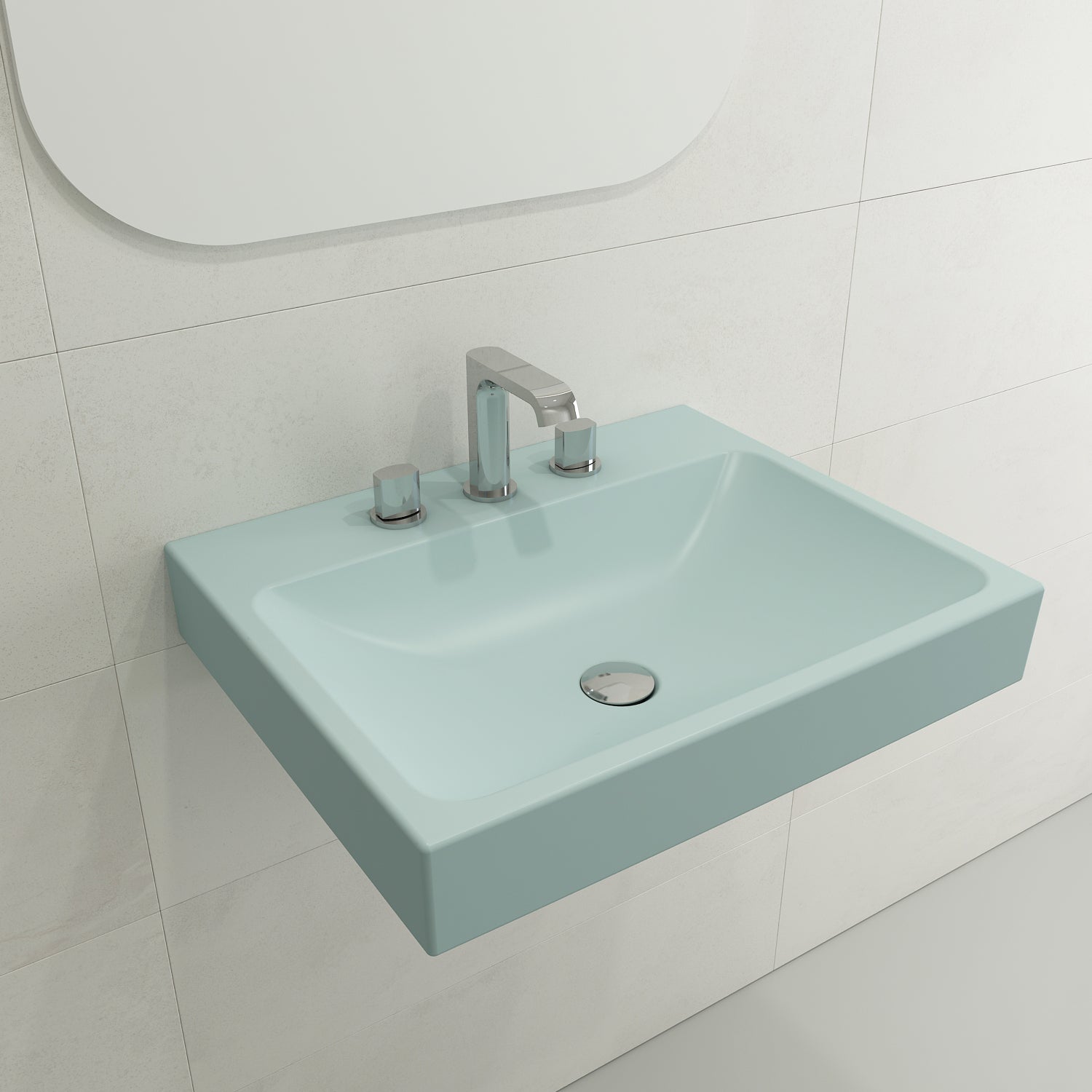 BOCCHI Scala 24" Rectangle Wallmount Fireclay Bathroom Sink, Matte Ice Blue, 3 Faucet Hole, 1077-029-0127