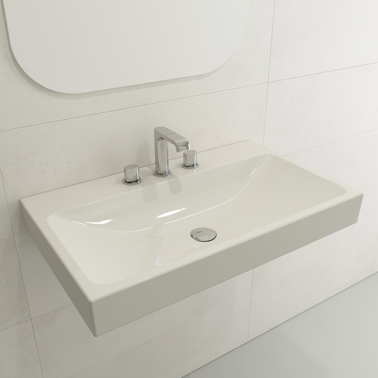 BOCCHI Scala 32" Rectangle Wallmount Fireclay Bathroom Sink, Biscuit, 3 Faucet Hole, 1078-014-0127