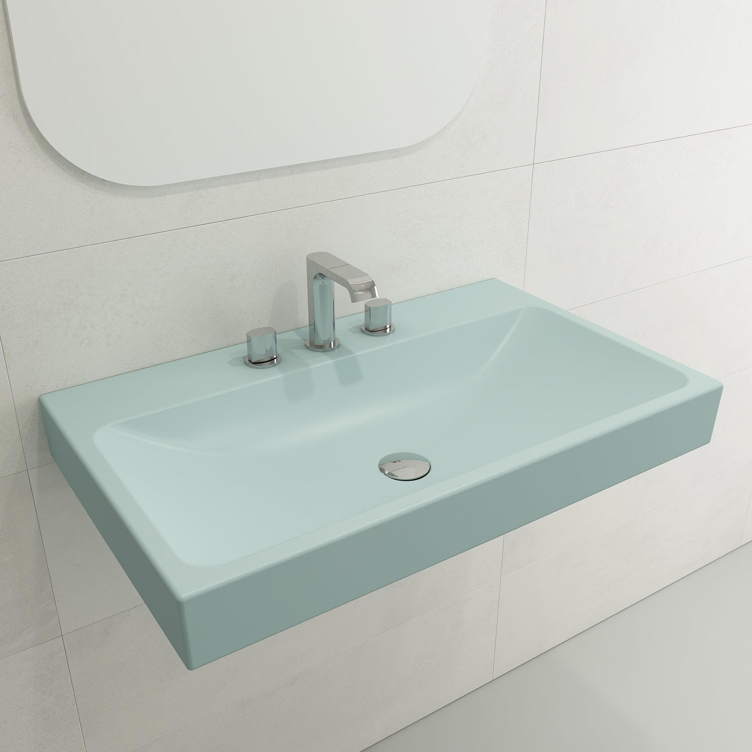 BOCCHI Scala 32" Rectangle Wallmount Fireclay Bathroom Sink, Matte Ice Blue, 3 Faucet Hole, 1078-029-0127