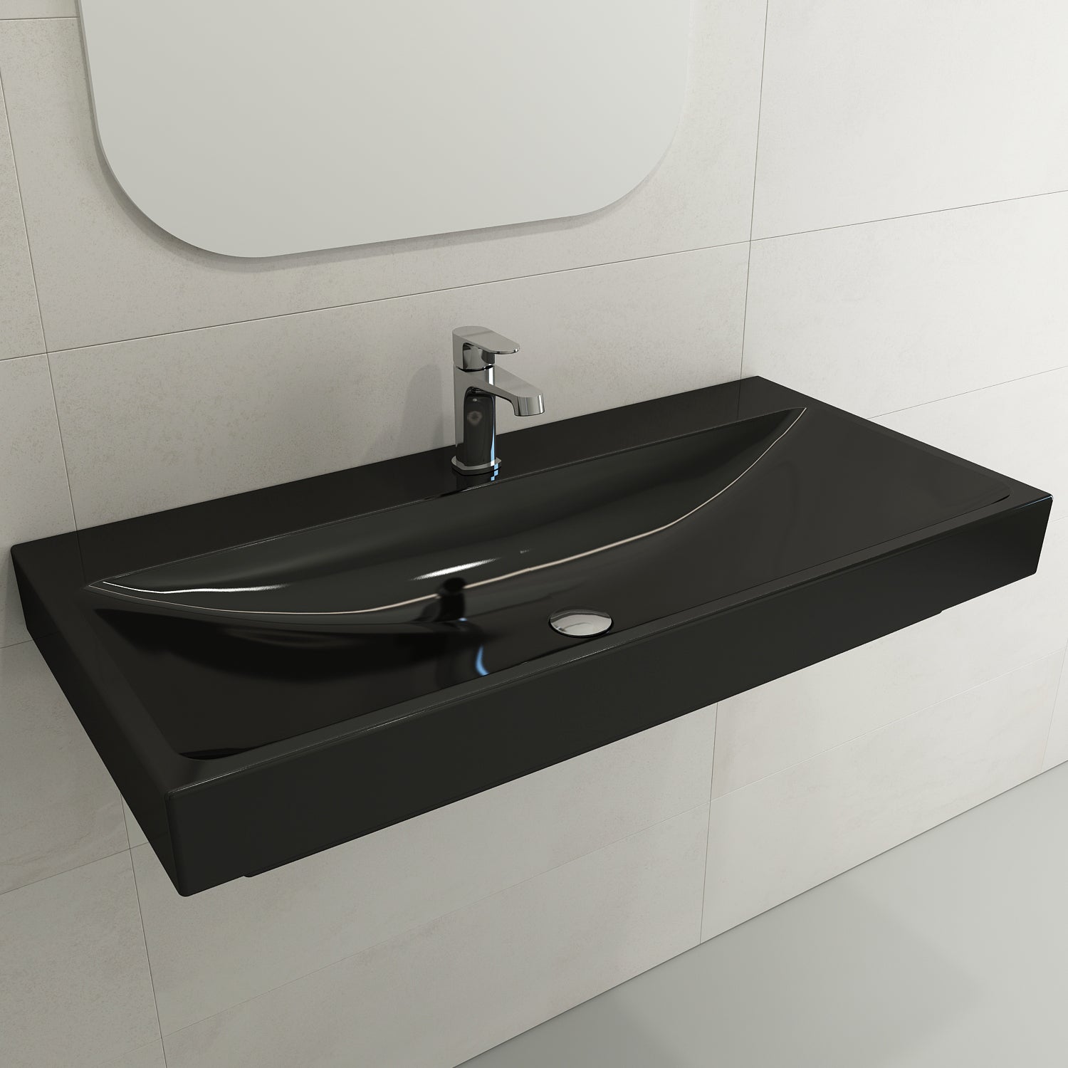 BOCCHI Scala 40" Rectangle Wallmount Fireclay Bathroom Sink, Black, Single Faucet Hole, 1079-005-0126