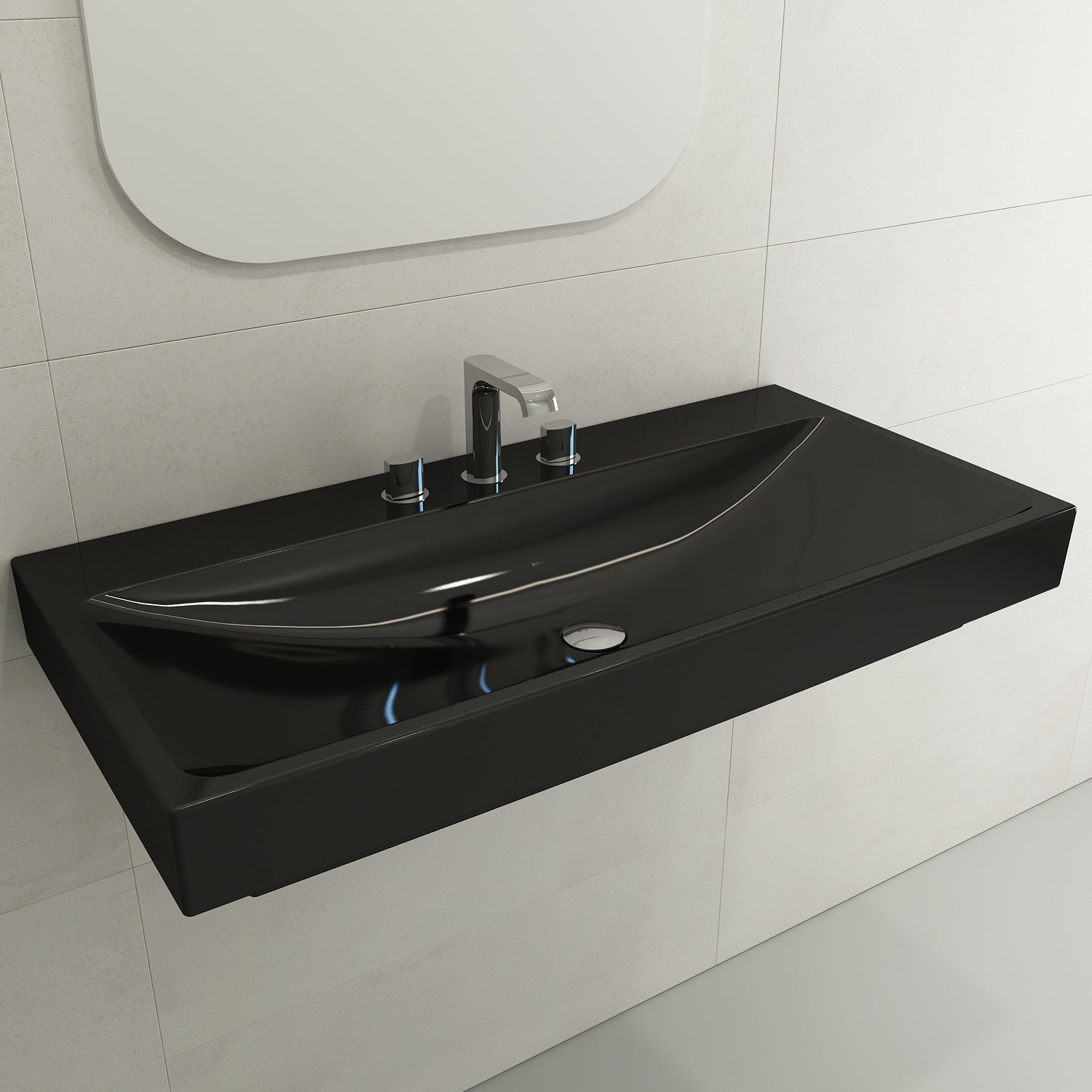 BOCCHI Scala 40" Rectangle Wallmount Fireclay Bathroom Sink, Black, 3 Faucet Hole, 1079-005-0127