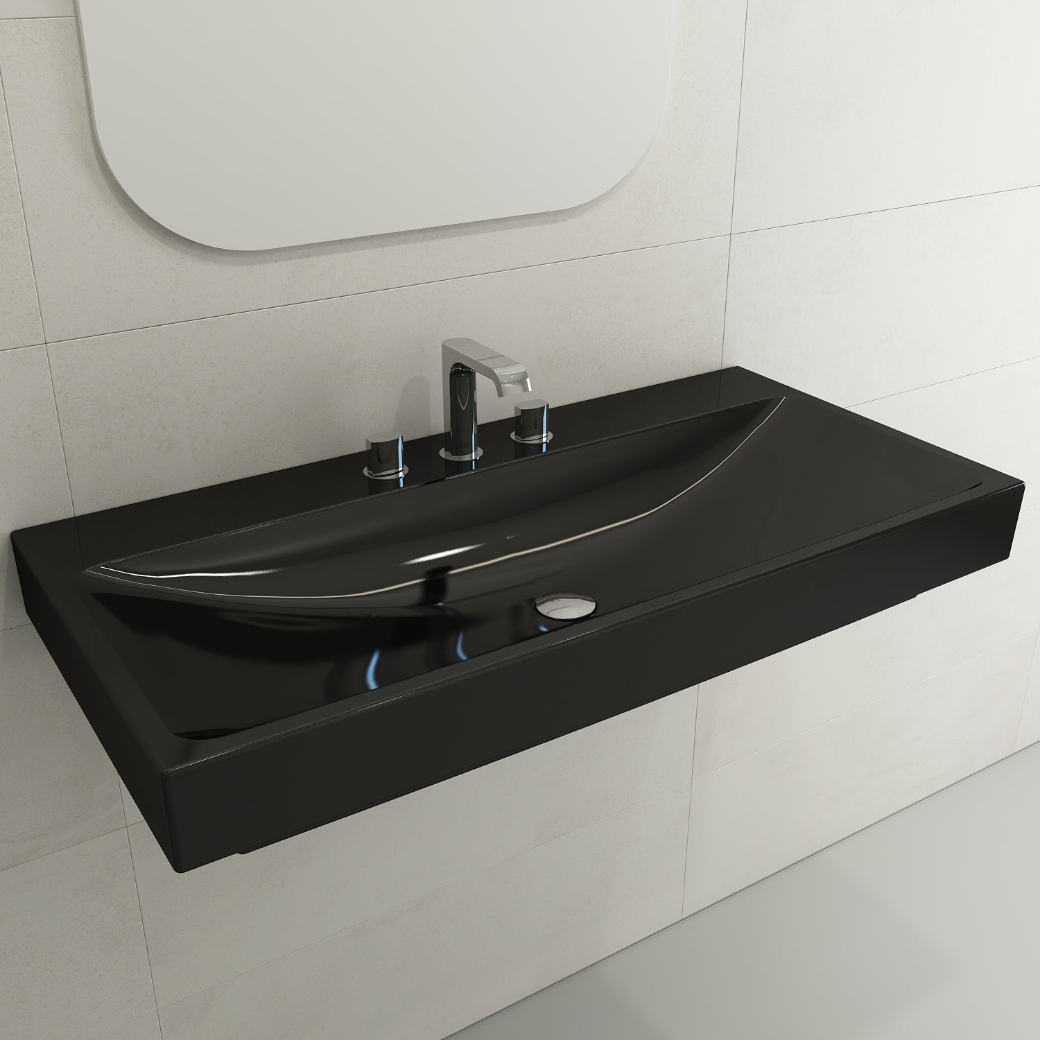 BOCCHI Scala 40" Rectangle Wallmount Fireclay Bathroom Sink, Black, 3 Faucet Hole, 1079-005-0127