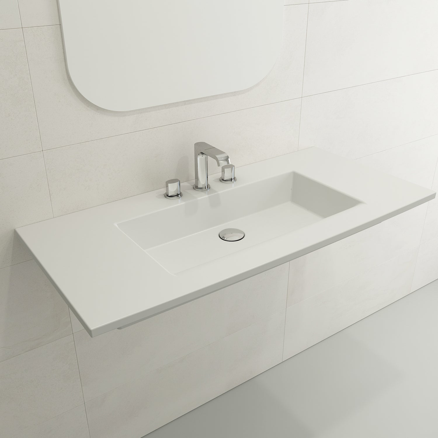 BOCCHI Ravenna 41" Rectangle Wallmount Fireclay Bathroom Sink, Matte White, 3 Faucet Hole, 1105-002-0127
