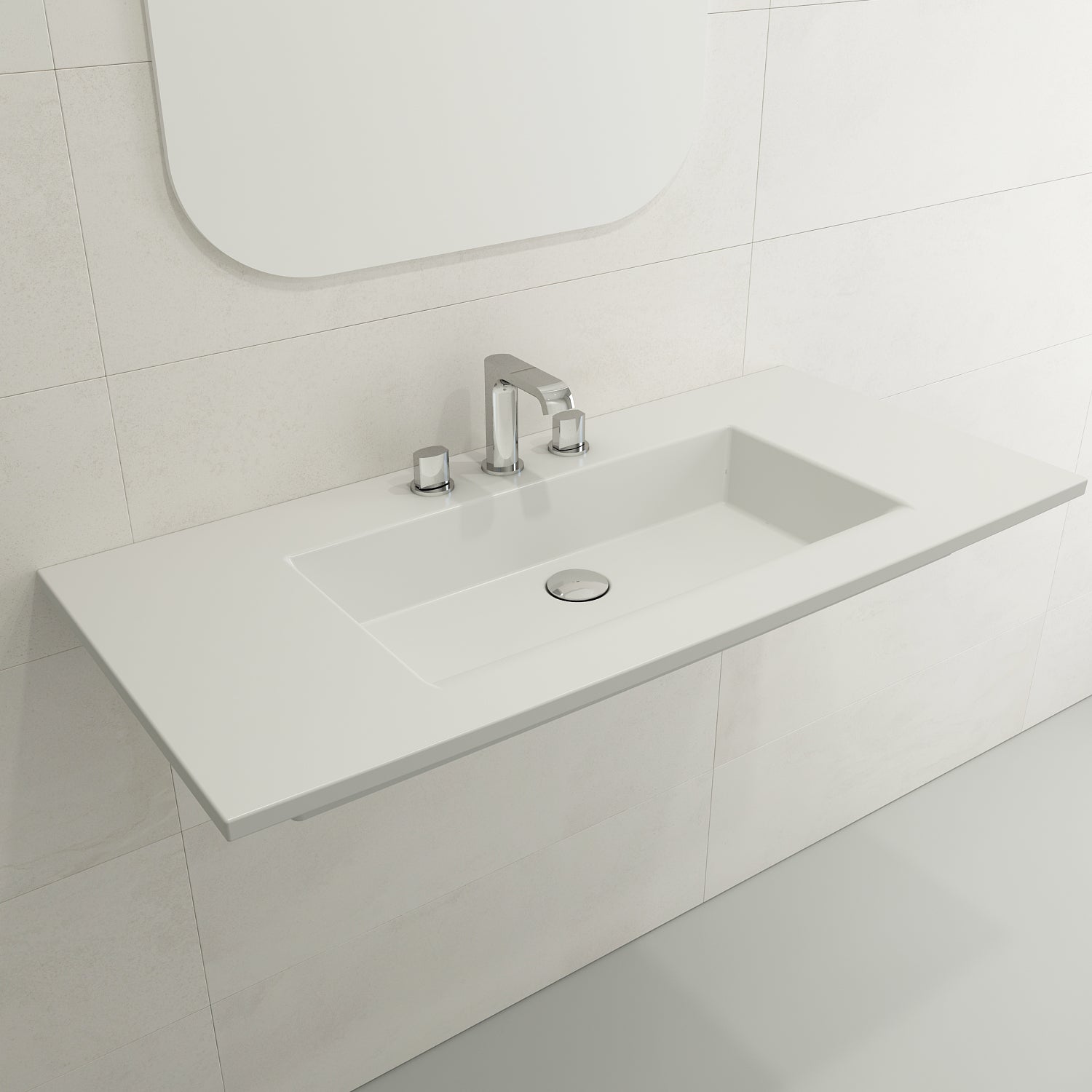 BOCCHI Ravenna 41" Rectangle Wallmount Fireclay Bathroom Sink, Matte White, 3 Faucet Hole, 1105-002-0127