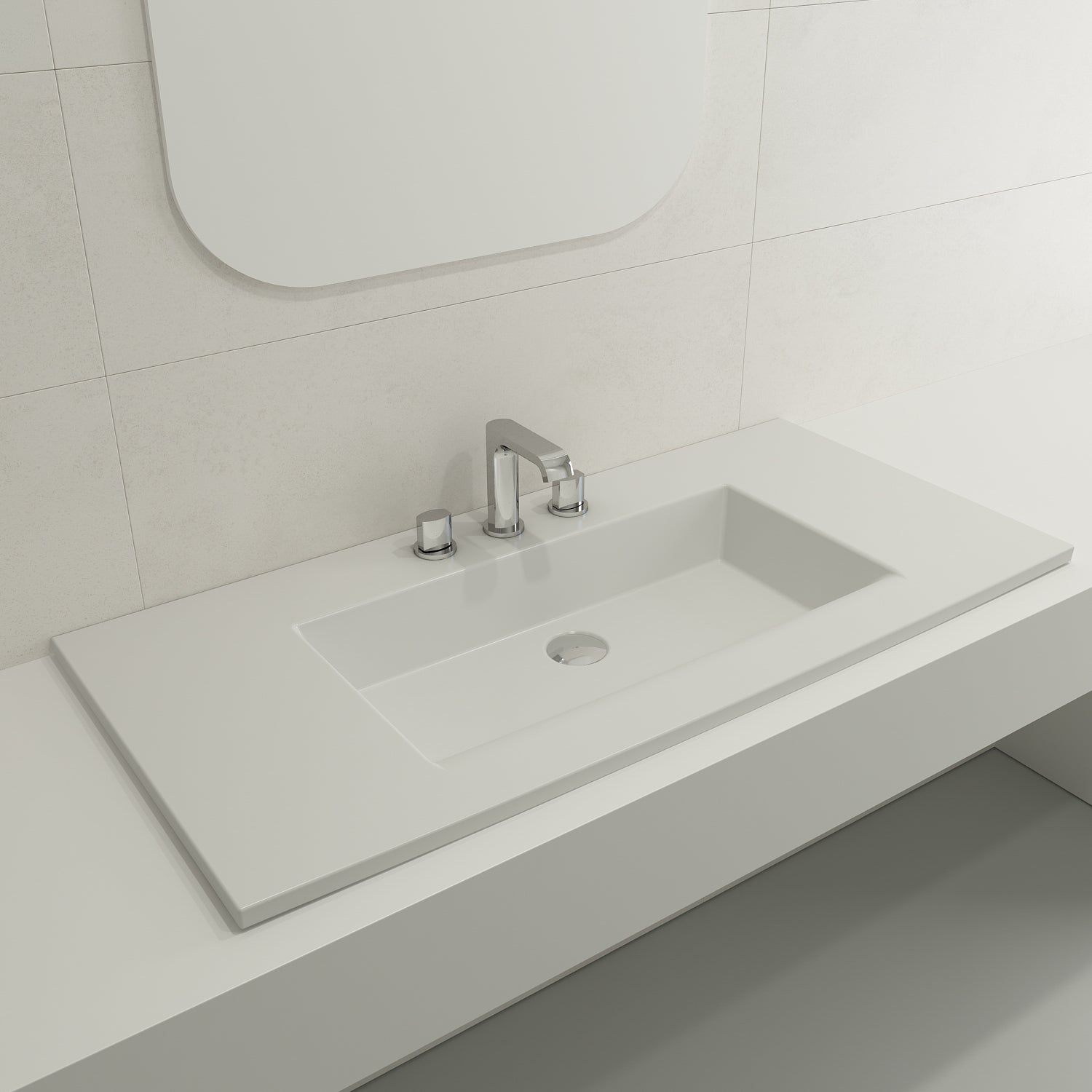 Alternate Image for BOCCHI Ravenna 41" Rectangle Wallmount Fireclay Bathroom Sink, Matte White, 3 Faucet Hole, 1105-002-0127