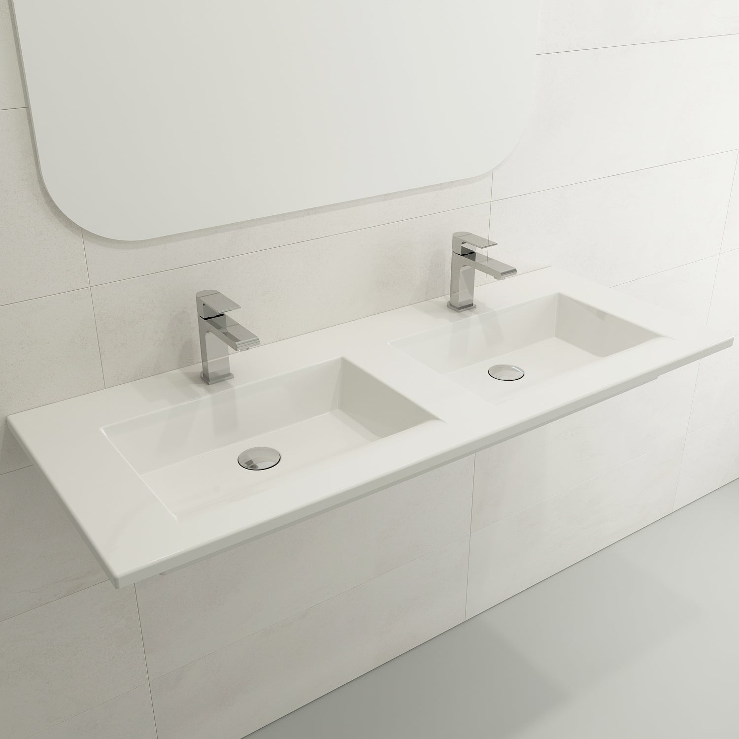 BOCCHI Ravenna 48" Rectangle Wallmount Fireclay Bathroom Sink, Double Basin, White, Single Faucet Hole, 1111-001-0132