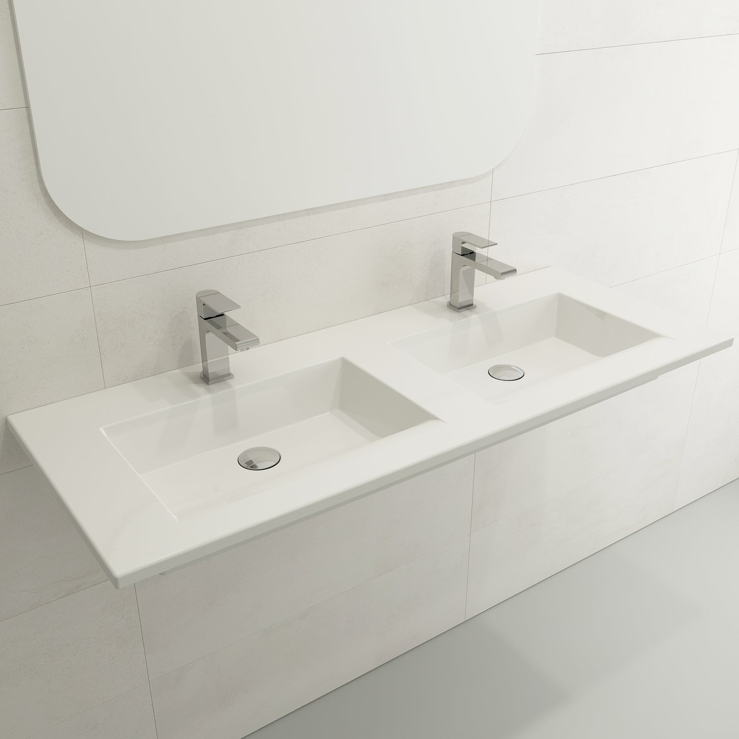 BOCCHI Ravenna 48" Rectangle Wallmount Fireclay Bathroom Sink, Double Basin, White, Single Faucet Hole, 1111-001-0132