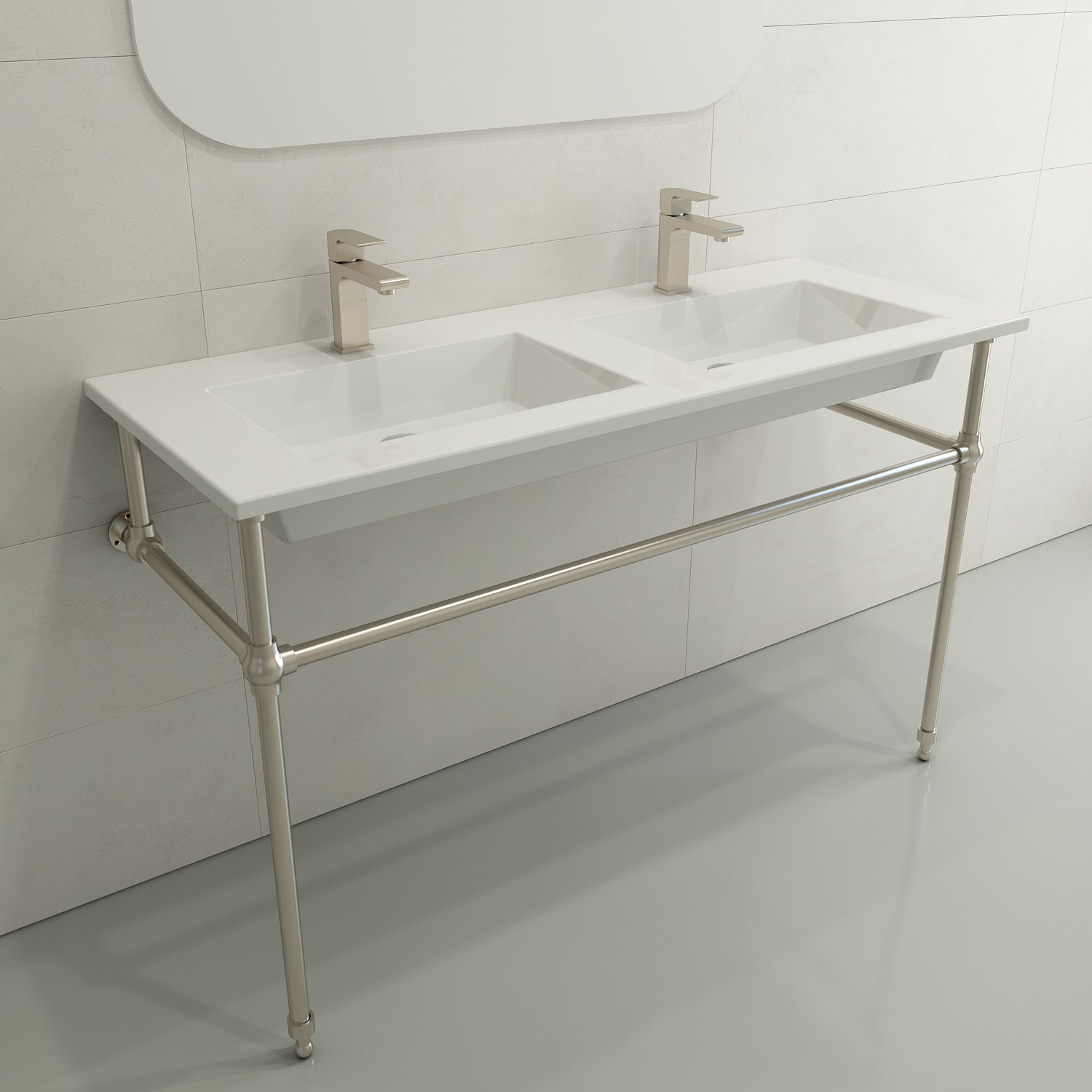 Alternate Image for BOCCHI Ravenna 48" Rectangle Wallmount Fireclay Bathroom Sink, Double Basin, White, Single Faucet Hole, 1111-001-0132