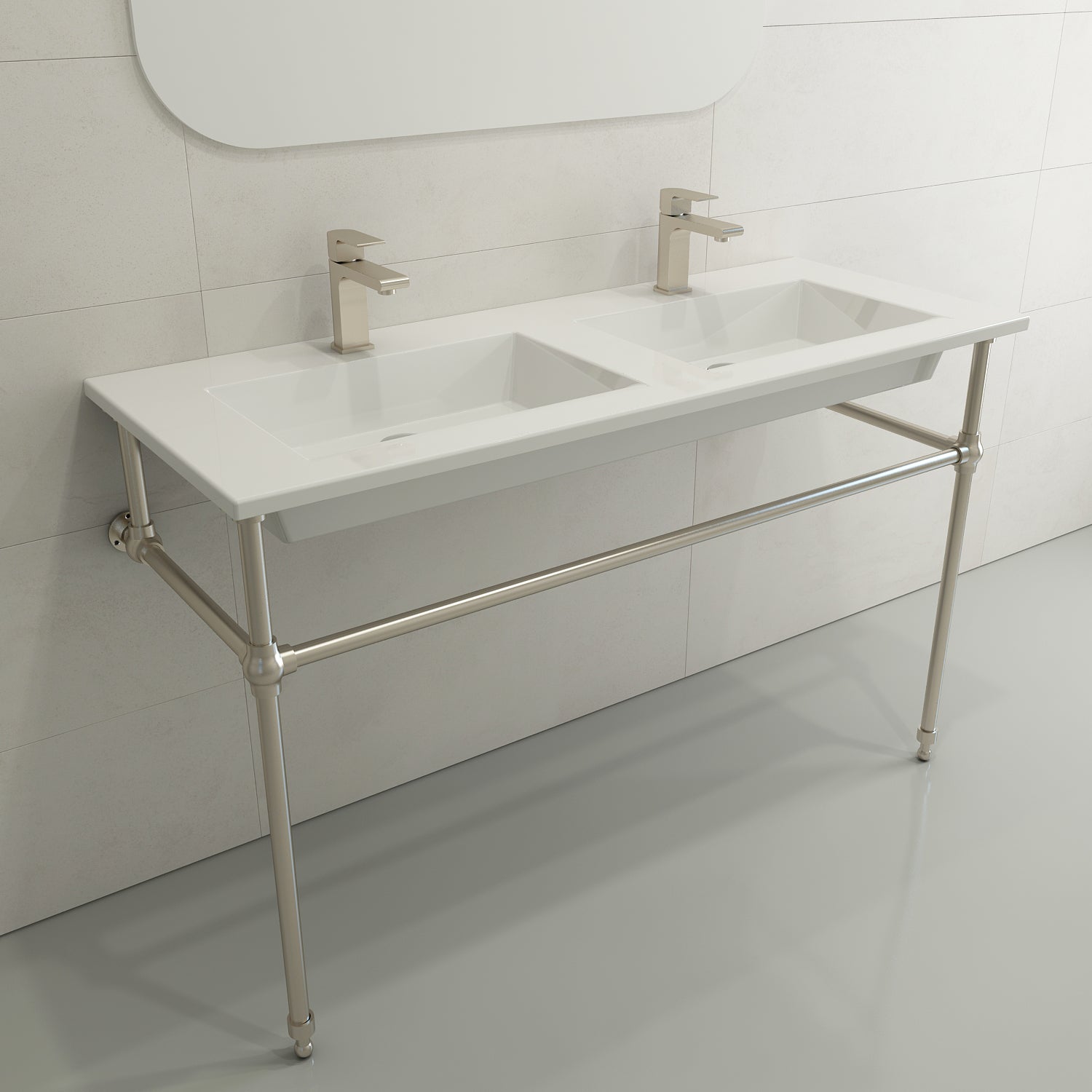 Alternate Image for BOCCHI Ravenna 48" Rectangle Wallmount Fireclay Bathroom Sink, Double Basin, White, Single Faucet Hole, 1111-001-0132