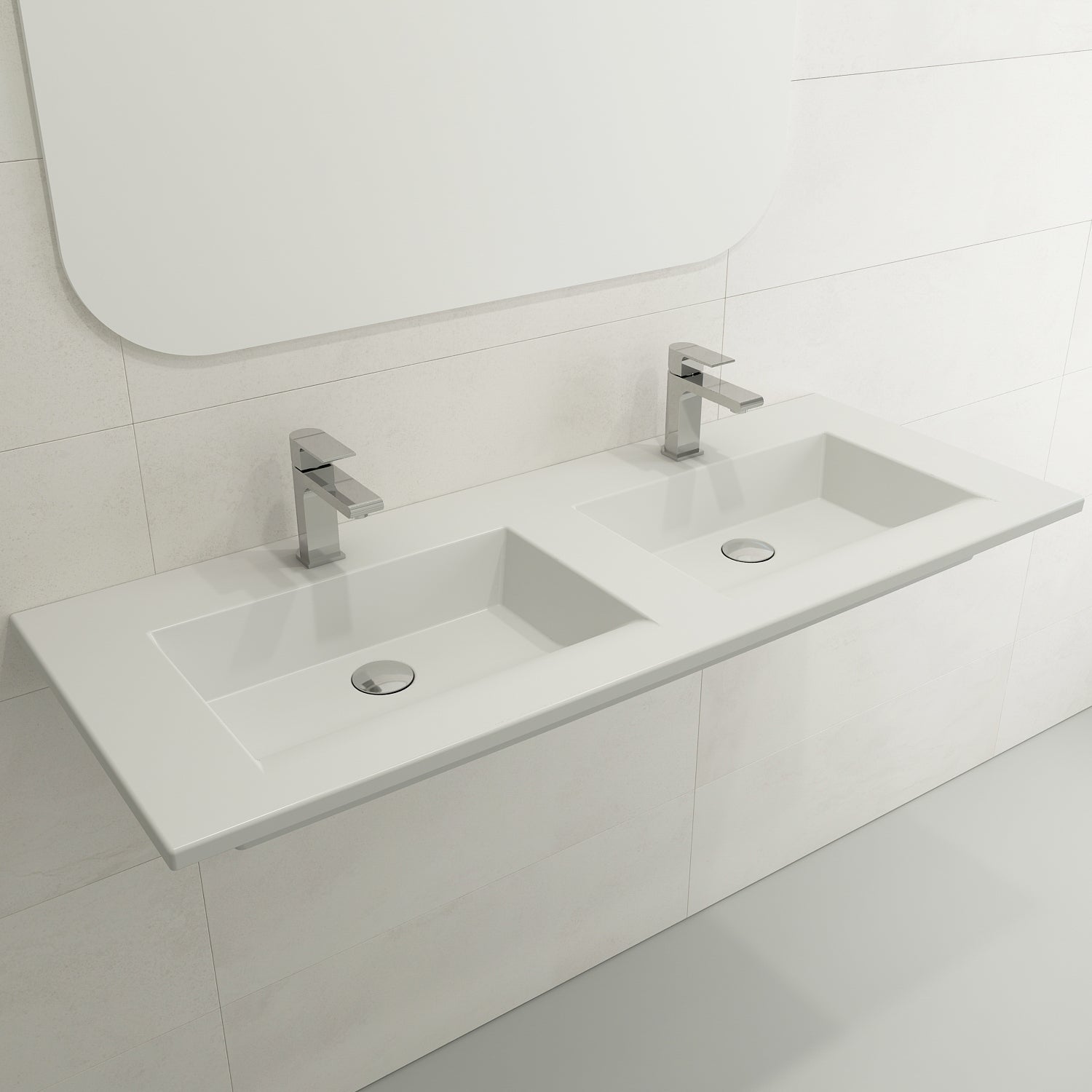 BOCCHI Ravenna 48" Rectangle Wallmount Fireclay Bathroom Sink, Double Basin, Matte White, Single Faucet Hole, 1111-002-0132