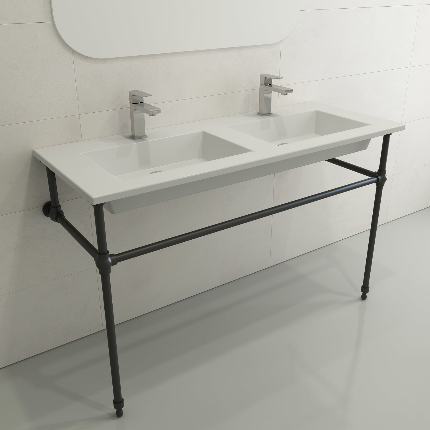 Alternate Image for BOCCHI Ravenna 48" Rectangle Wallmount Fireclay Bathroom Sink, Double Basin, Matte White, Single Faucet Hole, 1111-002-0132