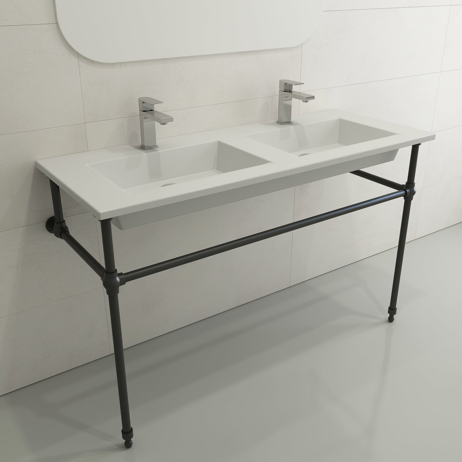 Alternate Image for BOCCHI Ravenna 48" Rectangle Wallmount Fireclay Bathroom Sink, Double Basin, Matte White, Single Faucet Hole, 1111-002-0132