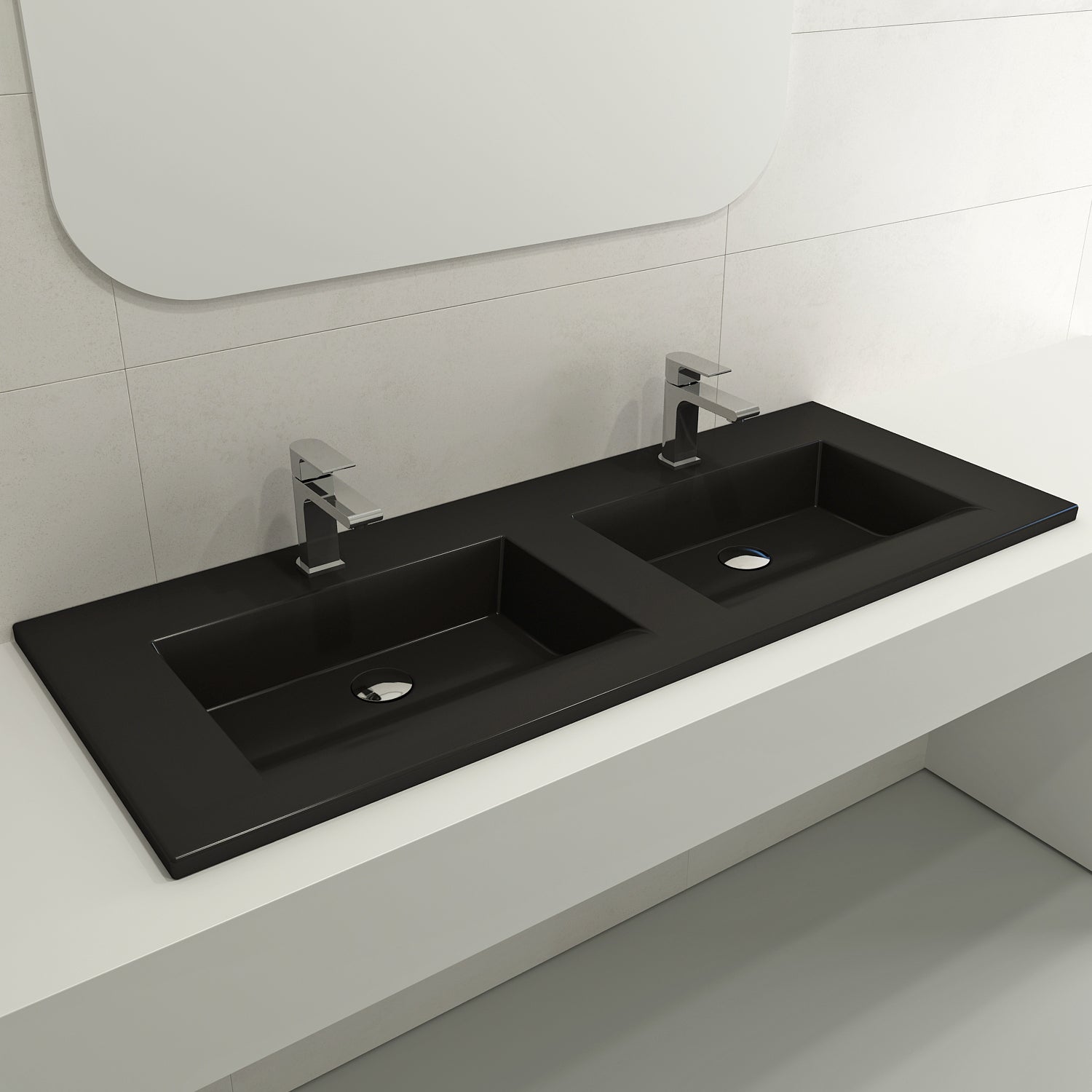 Alternate Image for BOCCHI Ravenna 48" Rectangle Wallmount Fireclay Bathroom Sink, Double Basin, Matte Black, Single Faucet Hole, 1111-004-0132