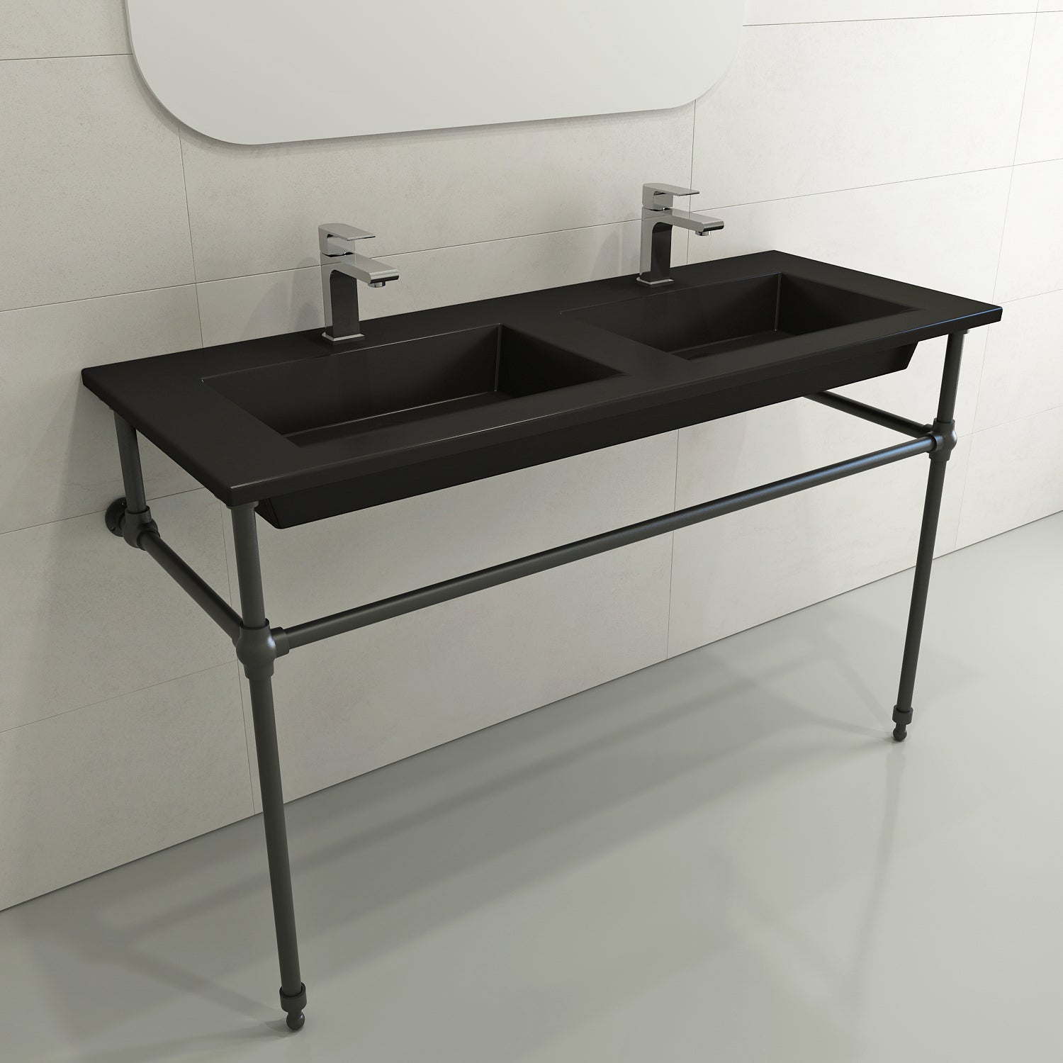 Alternate Image for BOCCHI Ravenna 48" Rectangle Wallmount Fireclay Bathroom Sink, Double Basin, Matte Black, Single Faucet Hole, 1111-004-0132