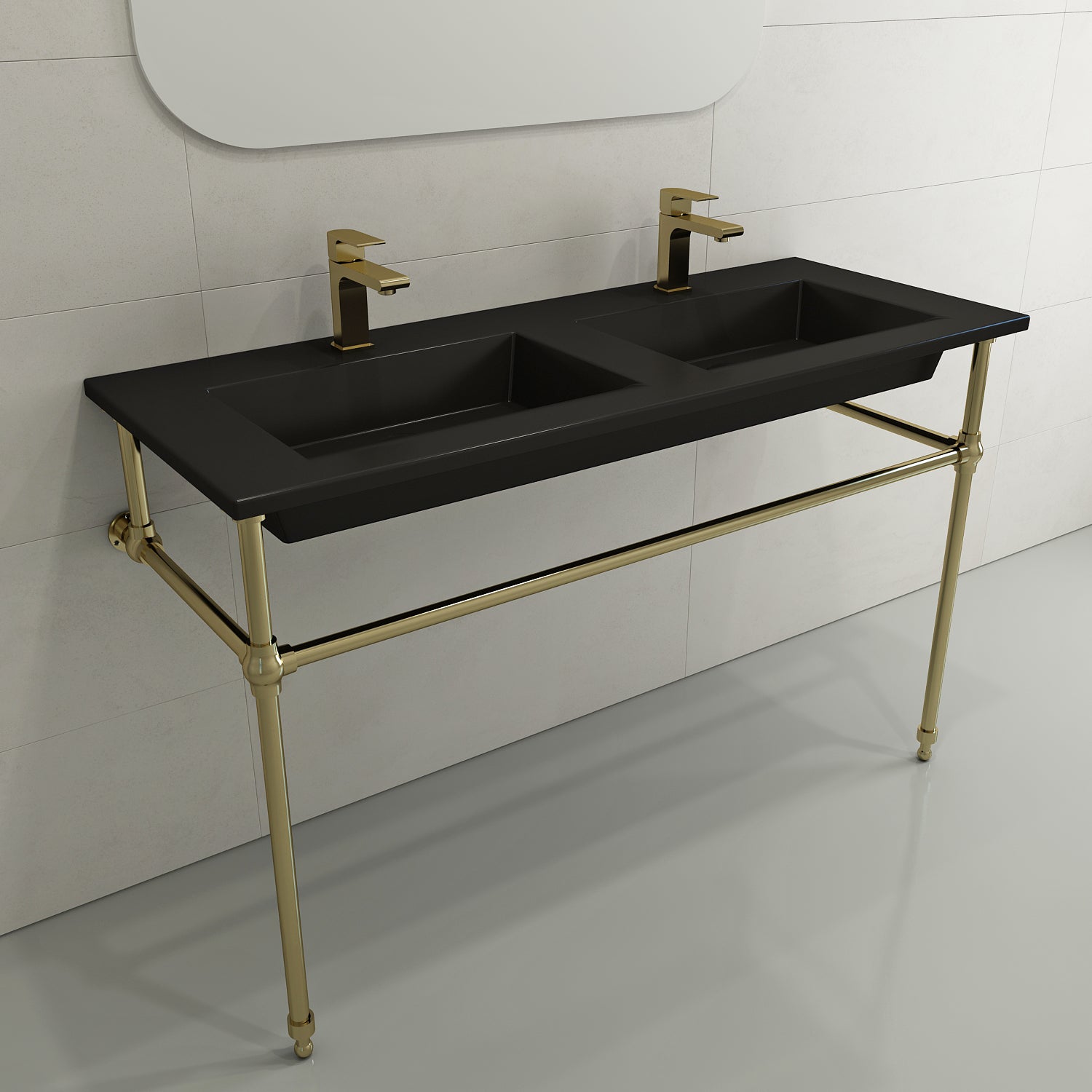 Alternate Image for BOCCHI Ravenna 48" Rectangle Wallmount Fireclay Bathroom Sink, Double Basin, Matte Black, Single Faucet Hole, 1111-004-0132