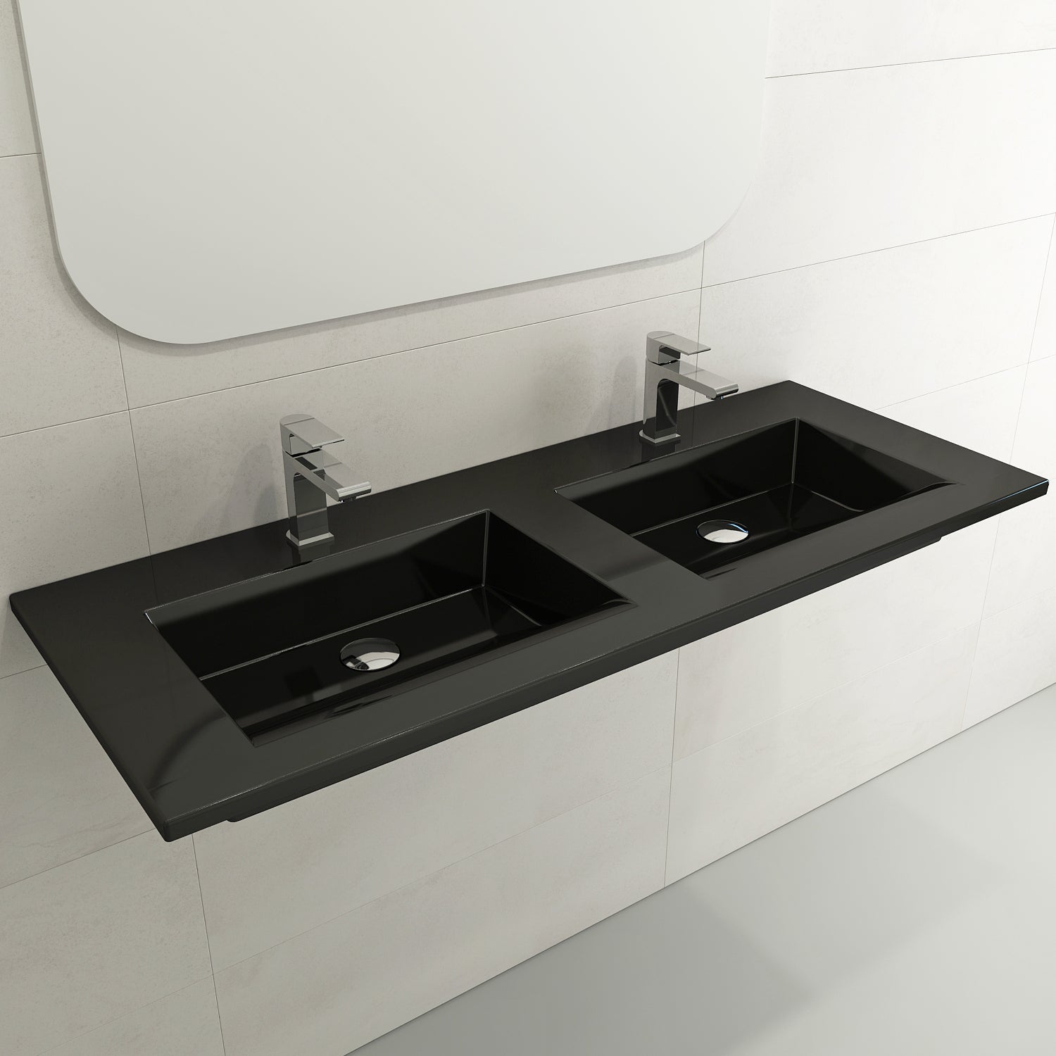 BOCCHI Ravenna 48" Rectangle Wallmount Fireclay Bathroom Sink, Double Basin, Black, Single Faucet Hole, 1111-005-0132