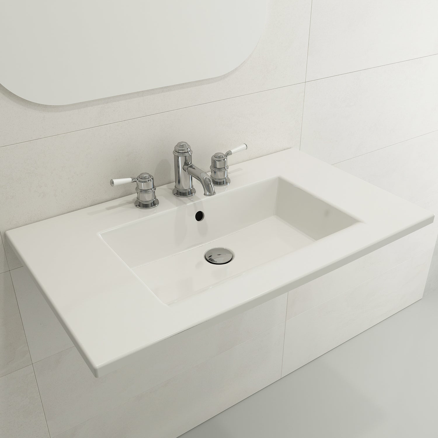 BOCCHI Ravenna 32" Rectangle Wallmount Fireclay Bathroom Sink, White, Single Faucet Hole, 1113-001-0126