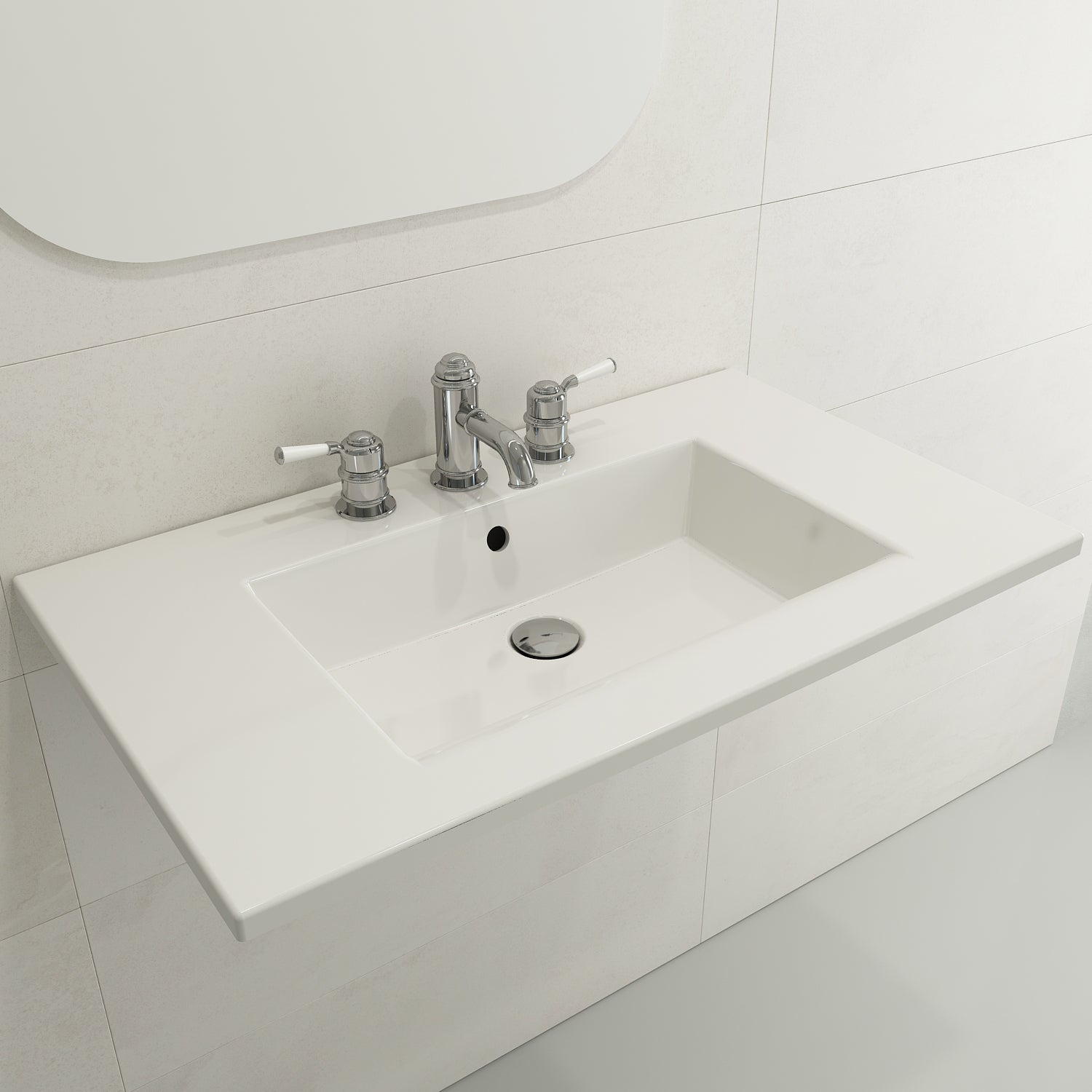 BOCCHI Ravenna 32" Rectangle Wallmount Fireclay Bathroom Sink, White, Single Faucet Hole, 1113-001-0126