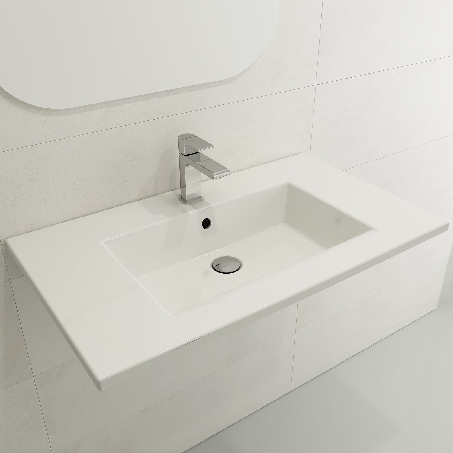 BOCCHI Ravenna 32" Rectangle Wallmount Fireclay Bathroom Sink, White, 3 Faucet Hole, 1113-001-0127