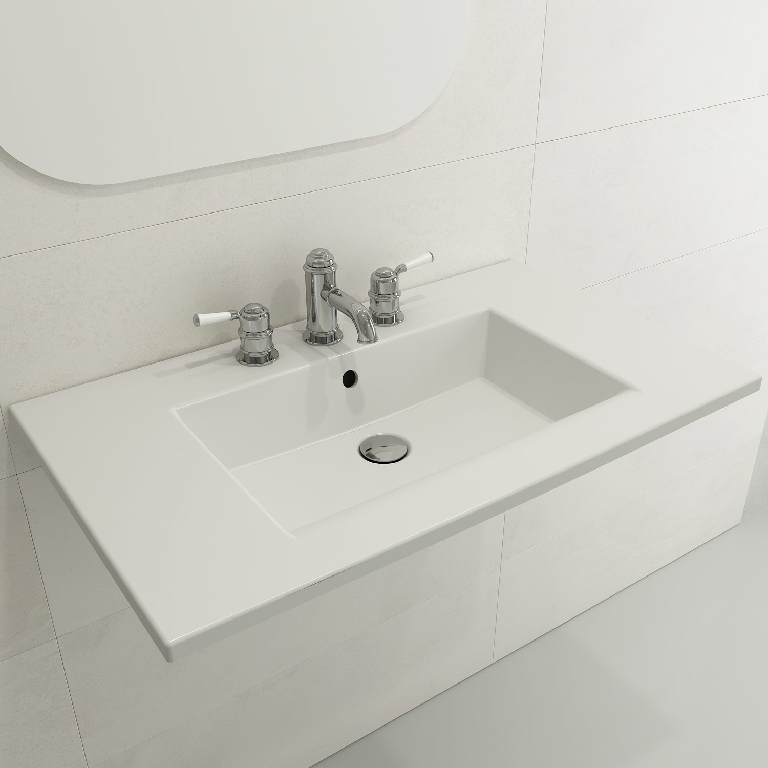 BOCCHI Ravenna 32" Rectangle Wallmount Fireclay Bathroom Sink, Matte White, Single Faucet Hole, 1113-002-0126