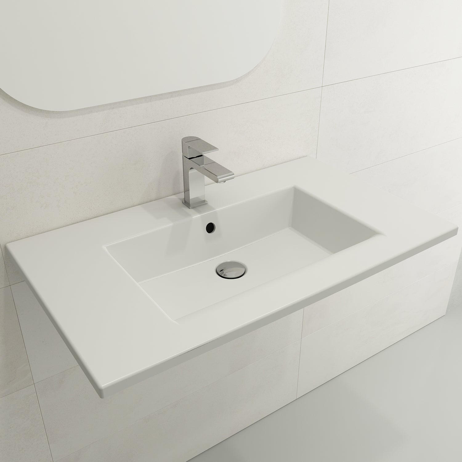 BOCCHI Ravenna 32" Rectangle Wallmount Fireclay Bathroom Sink, Matte White, 3 Faucet Hole, 1113-002-0127