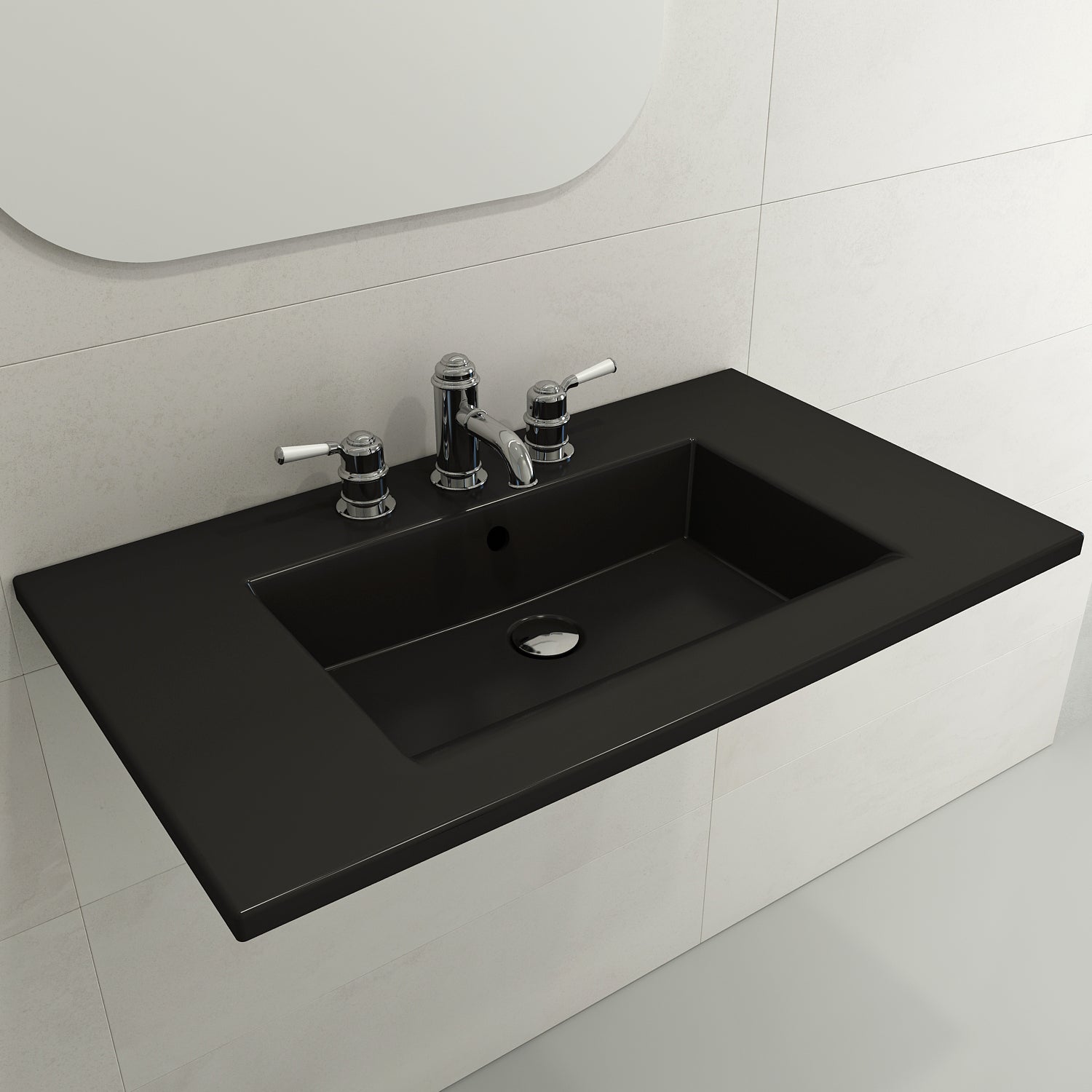 BOCCHI Ravenna 32" Rectangle Wallmount Fireclay Bathroom Sink, Matte Black, Single Faucet Hole, 1113-004-0126