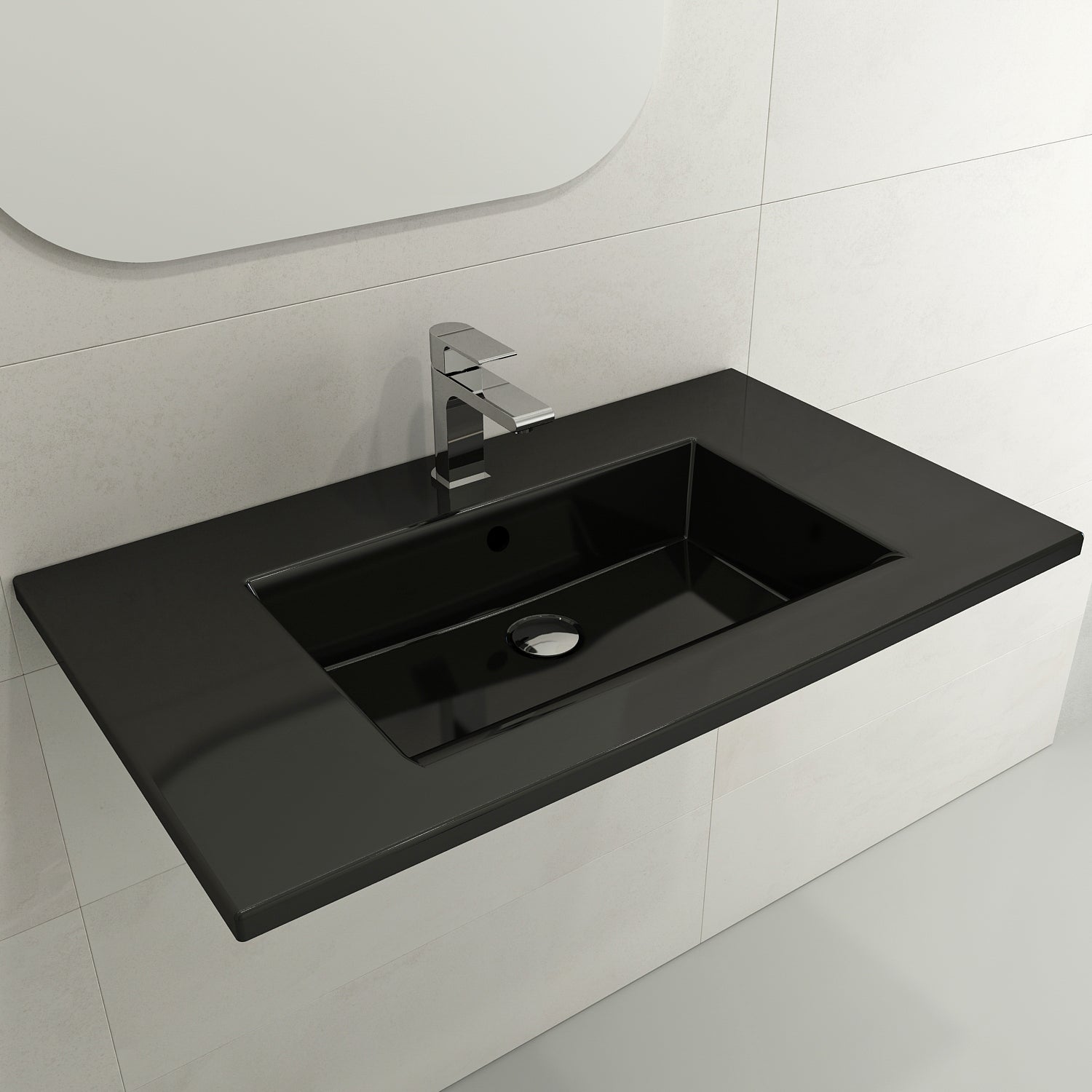 BOCCHI Ravenna 32" Rectangle Wallmount Fireclay Bathroom Sink, Black, 3 Faucet Hole, 1113-005-0127