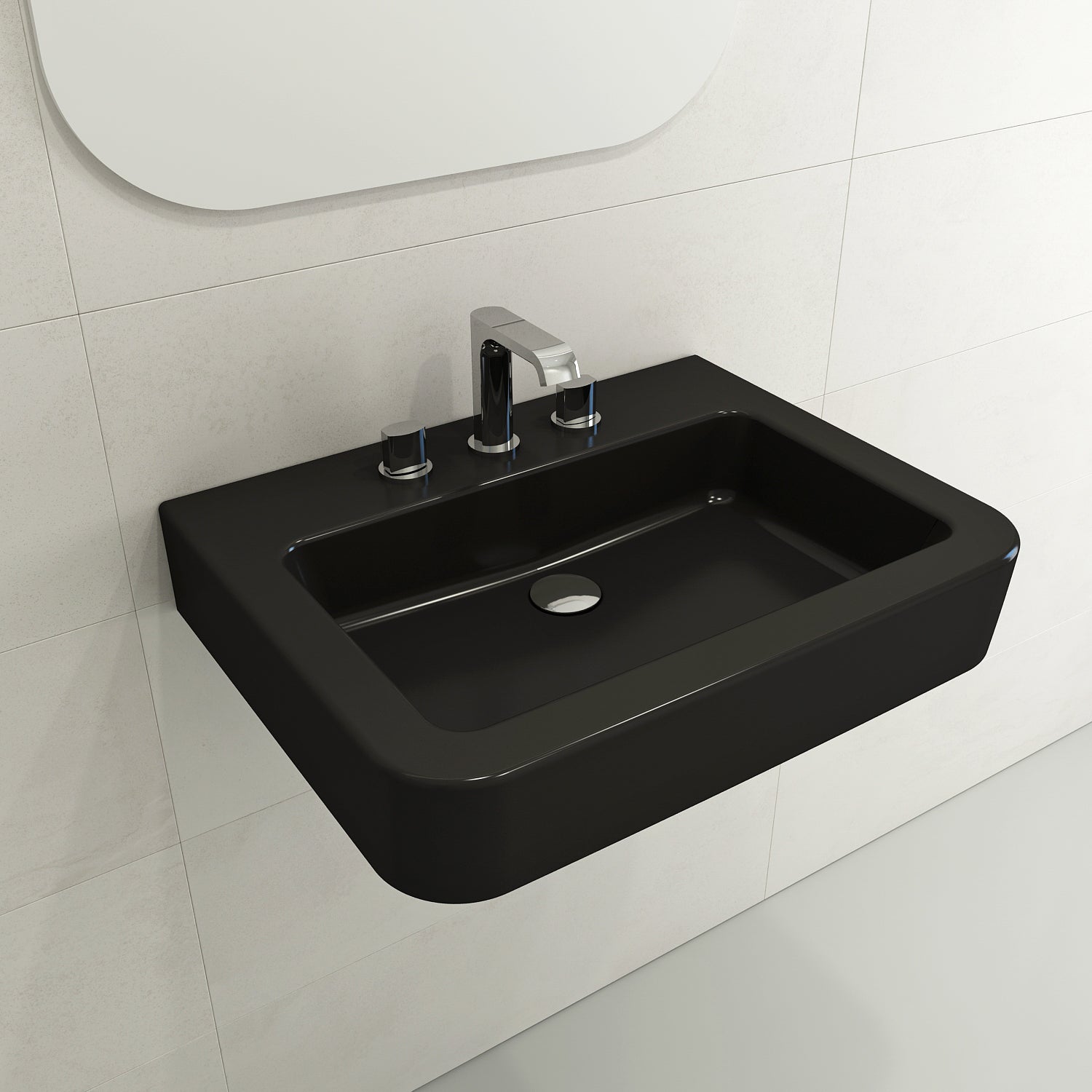 BOCCHI Parma 26" Rectangle Wallmount Fireclay Bathroom Sink, Matte Black, 3 Faucet Hole, 1123-004-0127